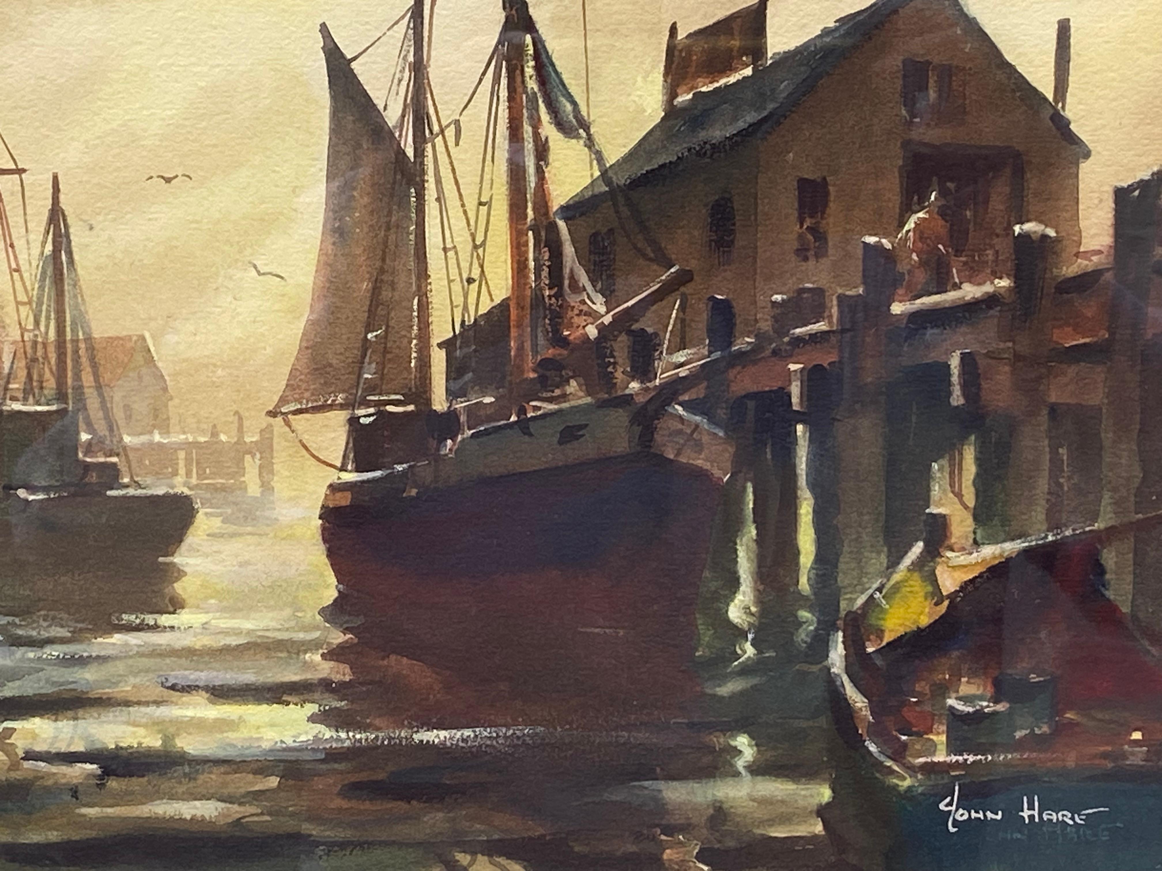 
Beautiful original watercolor of Provincetown Harbor in first light by the well known artist John Cuthbert Hare.  Signed lower right.  Condition is excellent.  The watercolor is housed in a wormy chestnut frame with a grey/white wash.  The overall