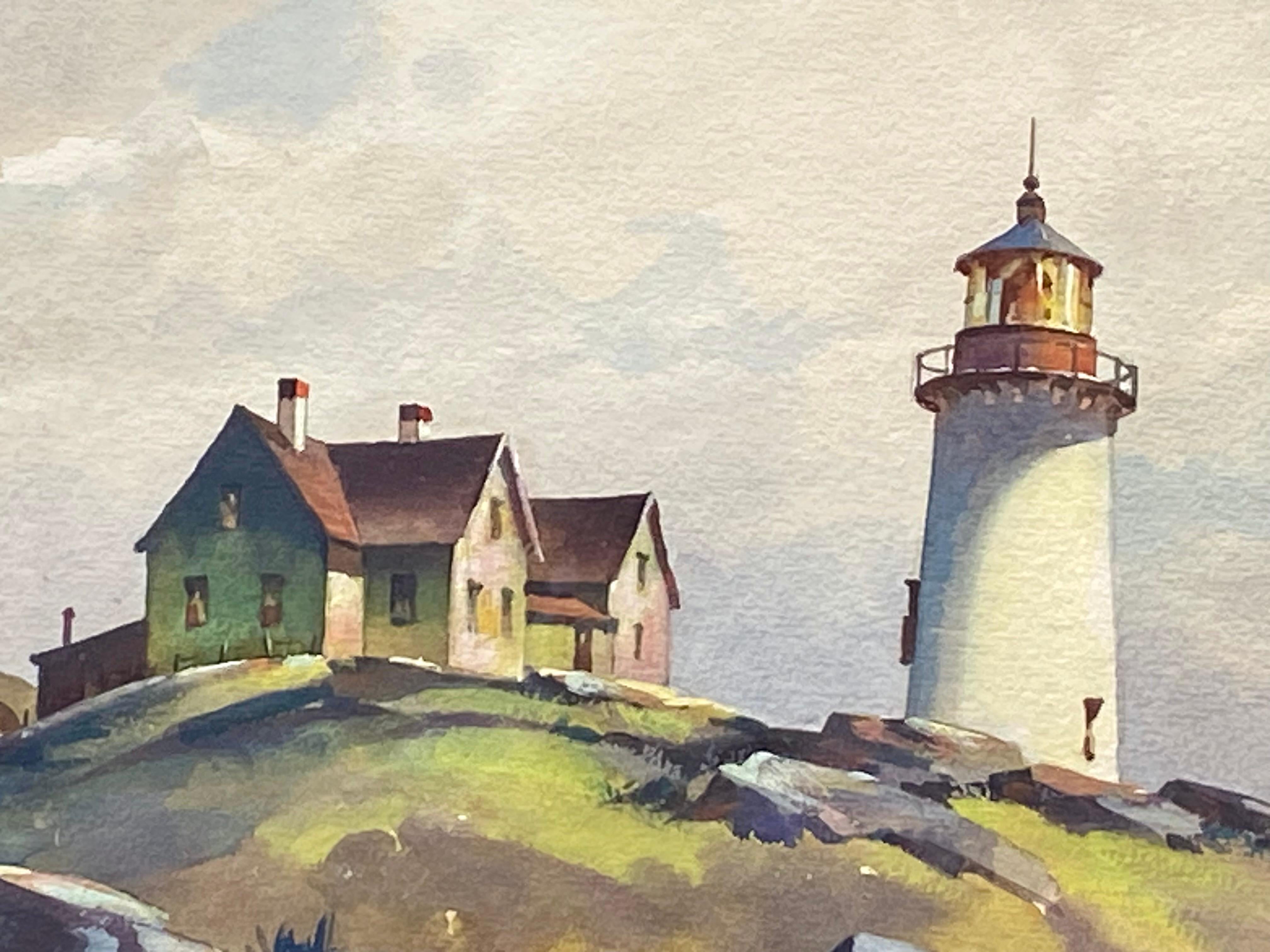 
Original-Aquarell auf Archivpapier vom Cape Neddick Lighthouse in York, Maine. Signiert unten rechts.  Um 1950.  Der Zustand ist sehr gut.  Einige winzige Flecken mit Stockflecken.  Das Aquarell ist in einem wurmstichigen, grau/weiß lavierten