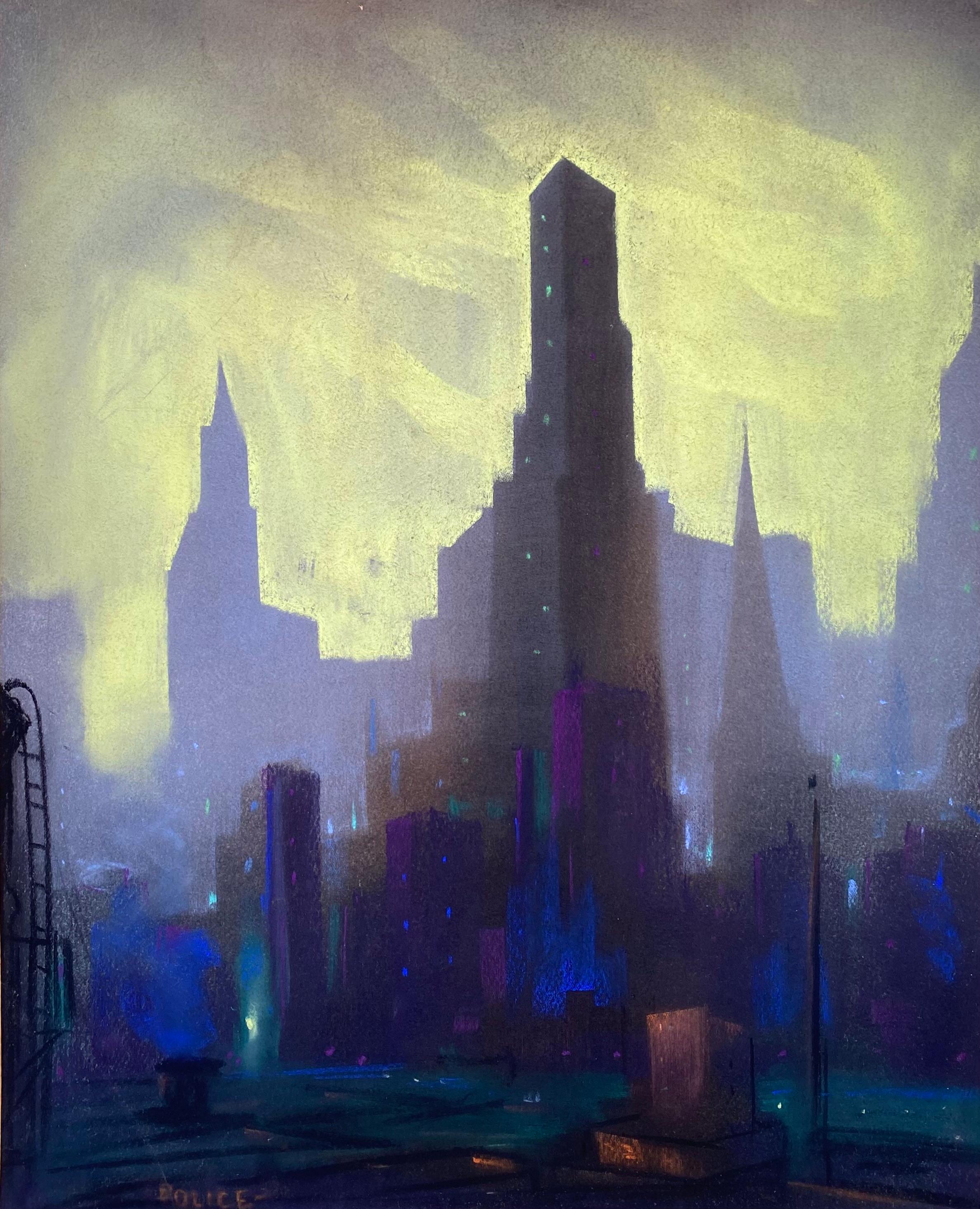 Original oil pastel on archival paper by the well known American artist, Leon Dolice. The painting depicts Trinity Church with several of the more contemporary buildings of Wall Street towering over it. Signed lower left. Circa 1935.  Deco