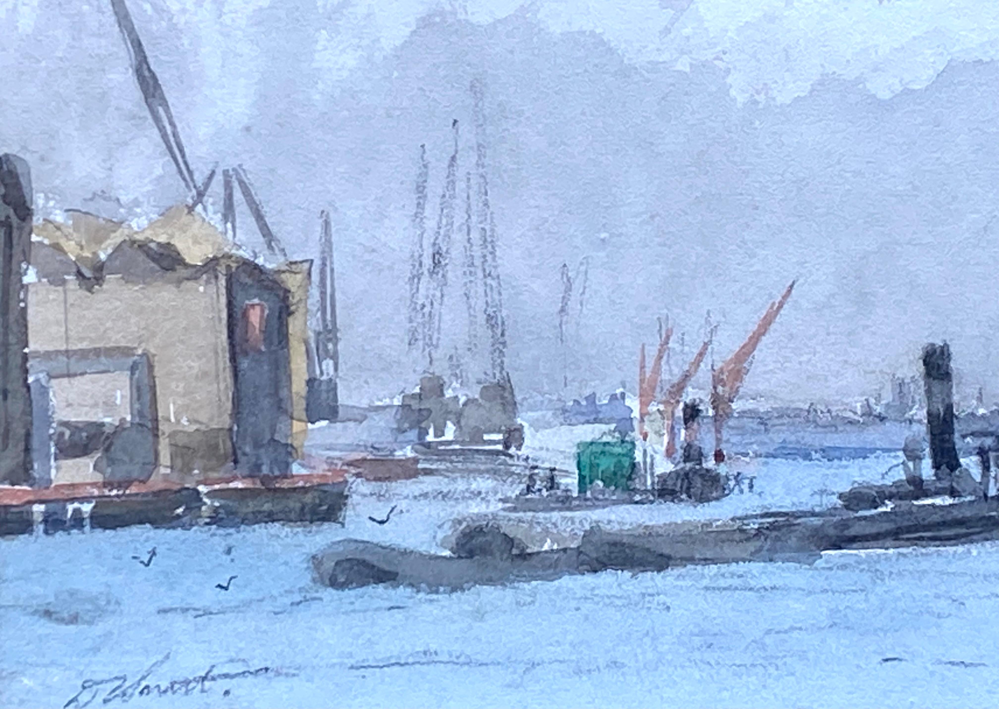 
Sehr gut ausgeführtes Originalaquarell auf Archivpapier des britischen Künstlers Douglas Ian Smart über den geschäftigen Hafen von London, England, mit Schleppern und Schiffen.  Signiert unten links.  Verso betitelt.  Der Zustand ist sehr gut.