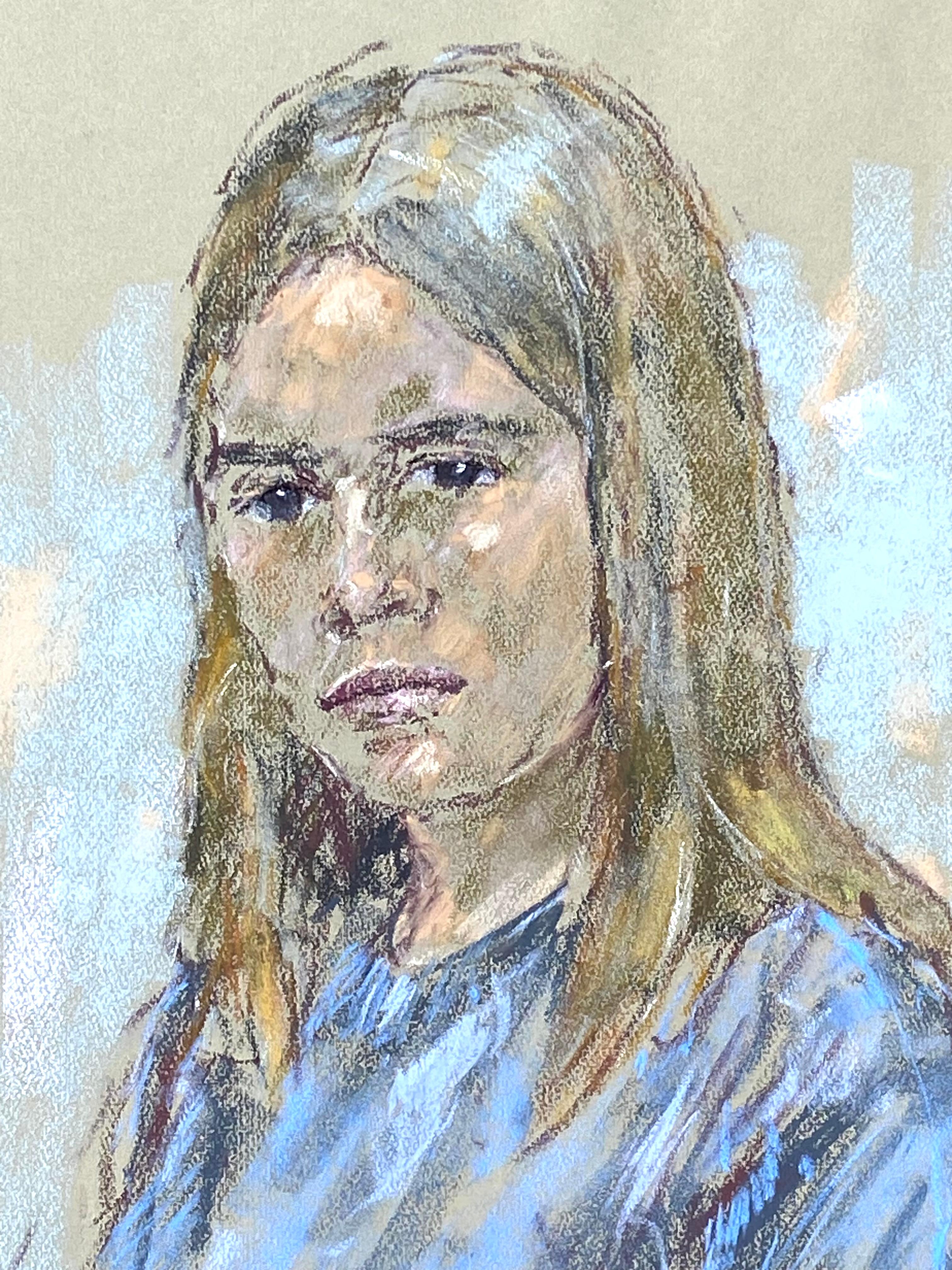 Original oil pastel on archival paper of a young girl in a blue blouse.  Signed lower right and dated 1971.  Condition is very good; no issues. Anton Sipos was living in the United States when this portrait was executed.  The pastel portrait is
