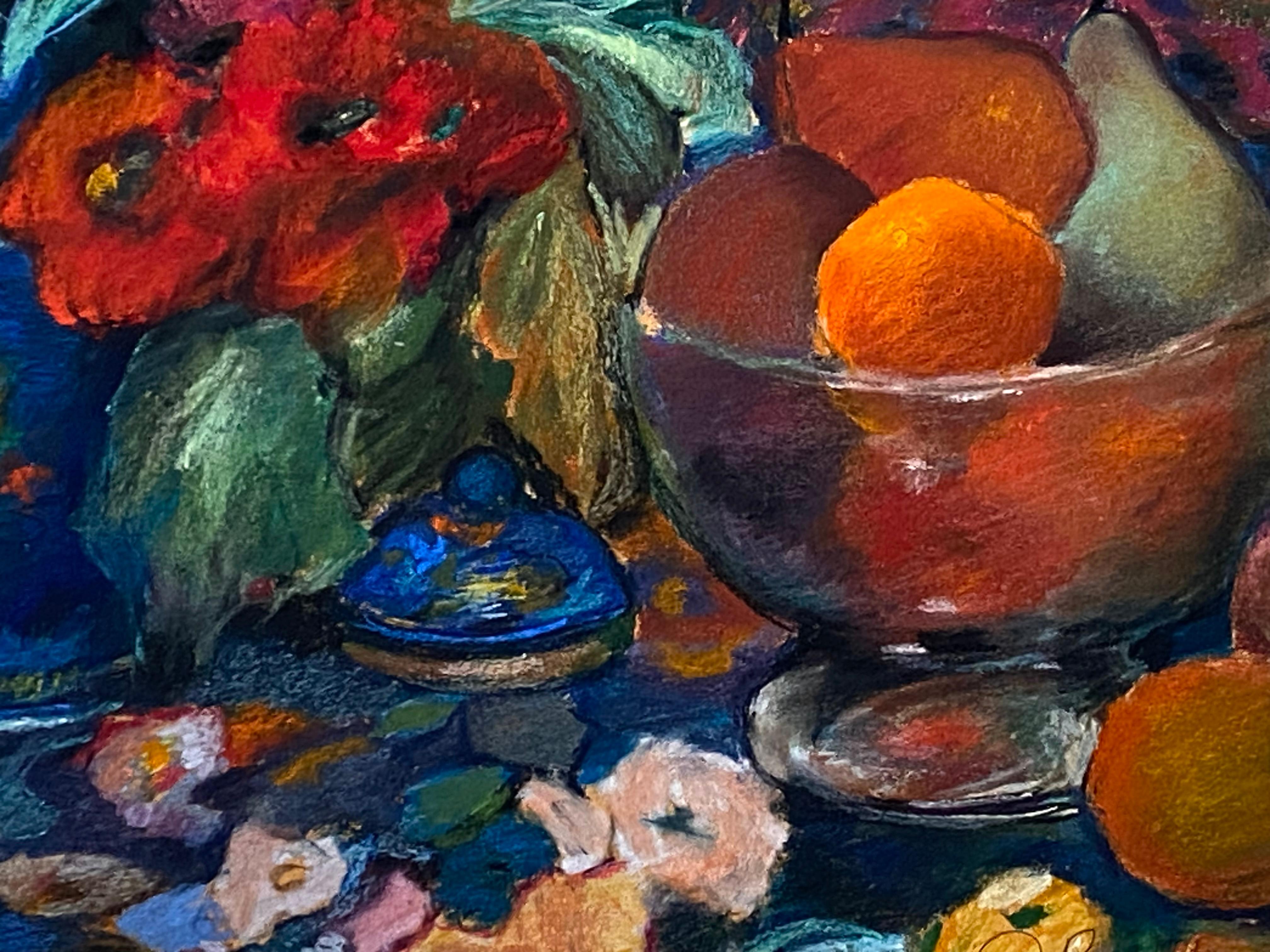 Fabulous and vibrant original oil pastel with an under layer of watercolor of a flower and fruit still life in an interior of a well decorated home. The details of the hanging wall clock, the painted desk and the open doors to the outdoors combine