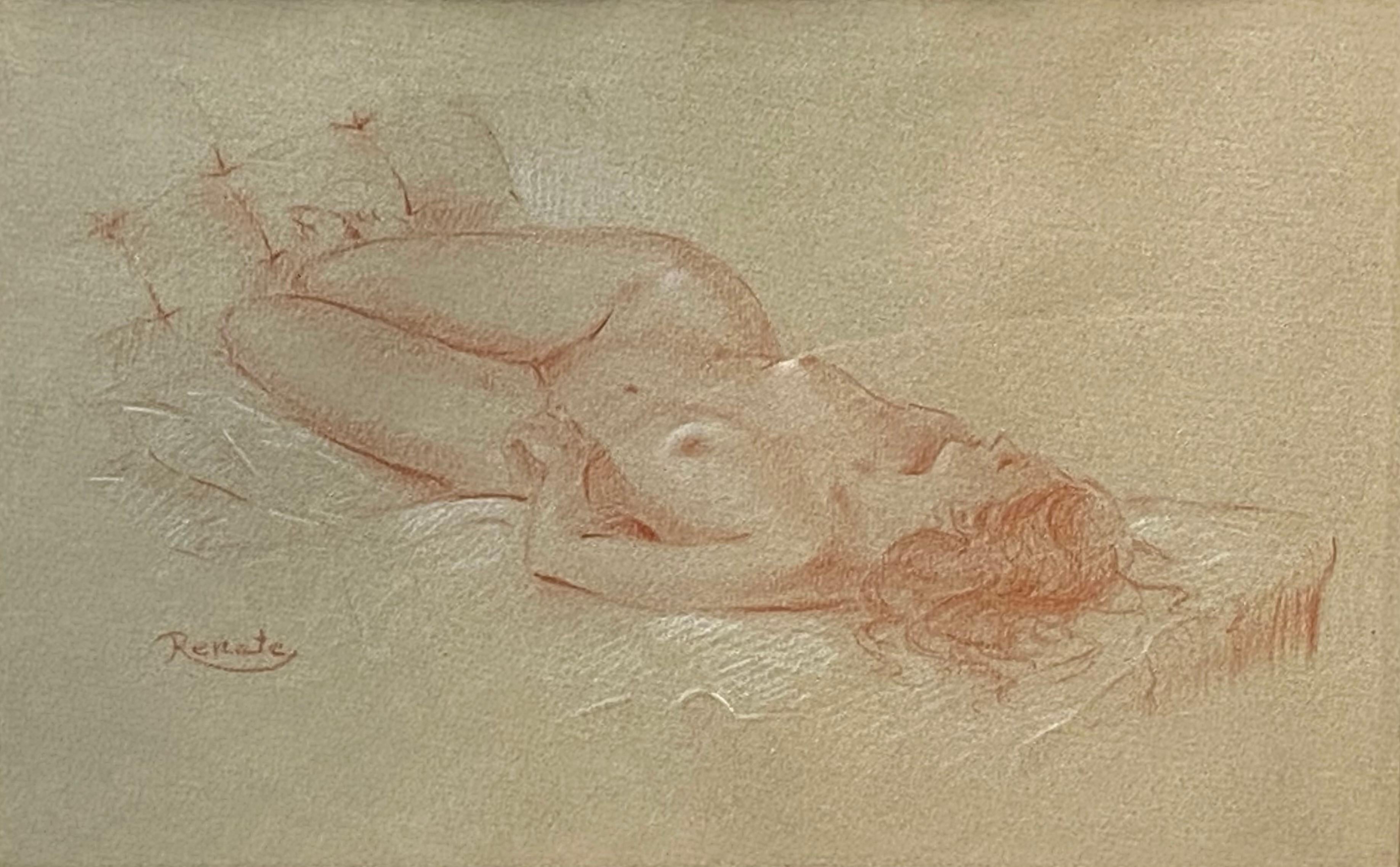 Original conte crayon drawing of a reclining female nude on tinted archival paper by the American artist, Renate Duncan. Signed lower left. Artist full name and address verso. Circa 1980. Condition is excellent. The artwork is  gallery framed,