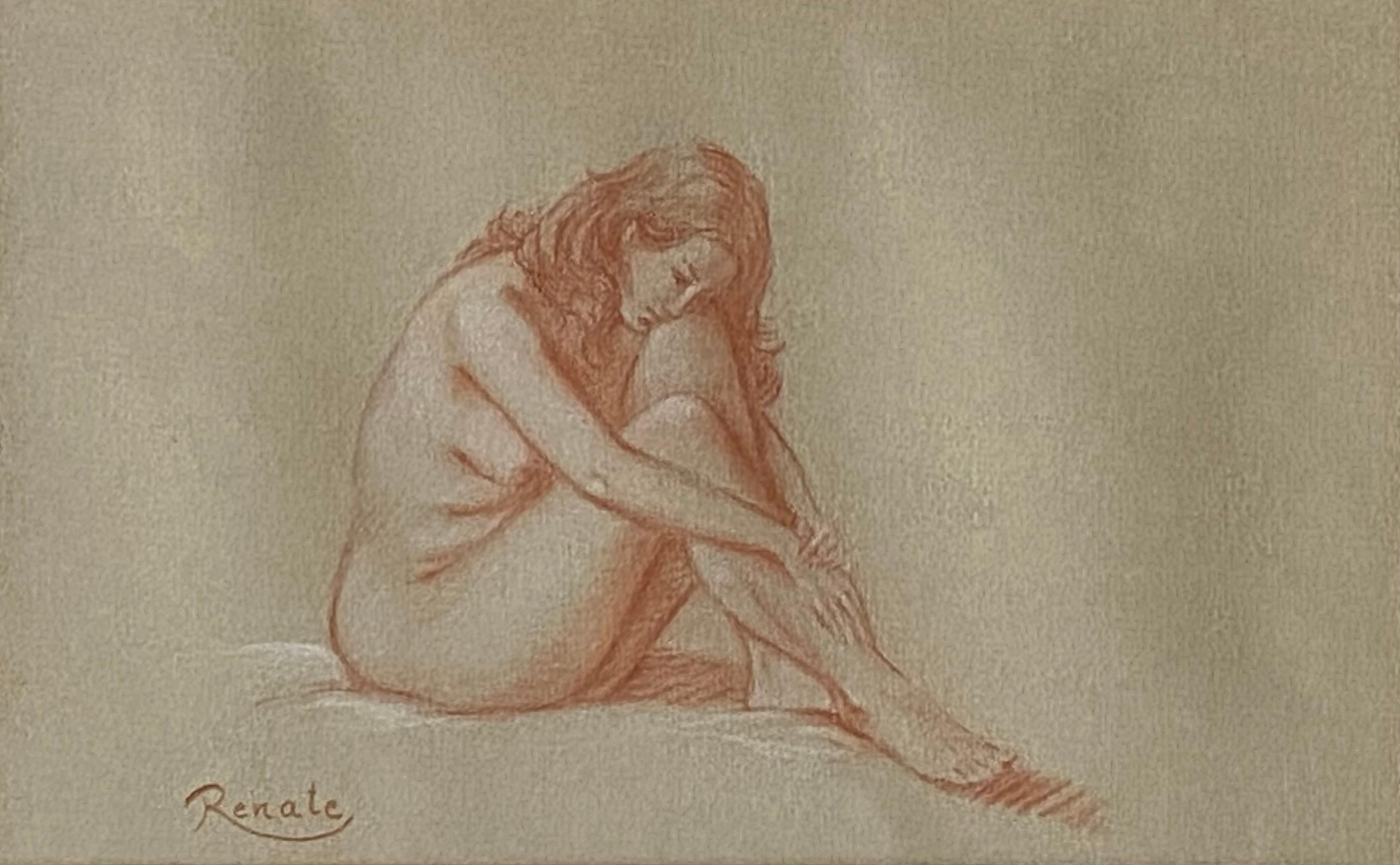 Original conte crayon drawing of a sitting female nude on tinted archival paper by the American artist, Renate Duncan. Signed lower left.  Circa 1980. Condition is excellent. The artwork is  gallery framed, double matted with thin brass metal frame.