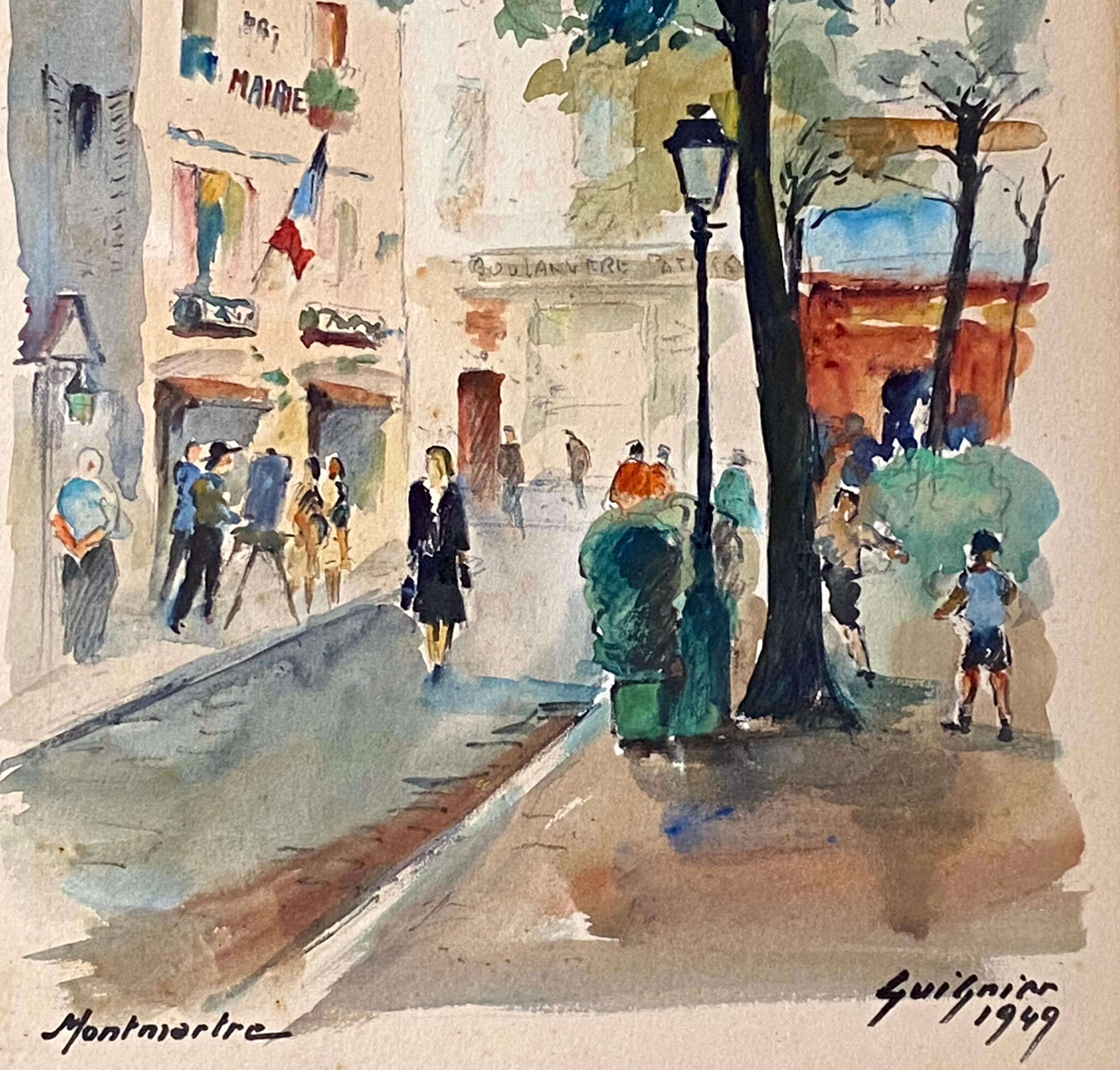 
Beautifully executed original watercolor by French artist Fernand Guignier of a street scene in Montmartre, Paris.  Signed lower right and dated 1949. Titled lower left,  “Montmartre”. Fernand Guignier was a student of the sculptors Emil Derré and