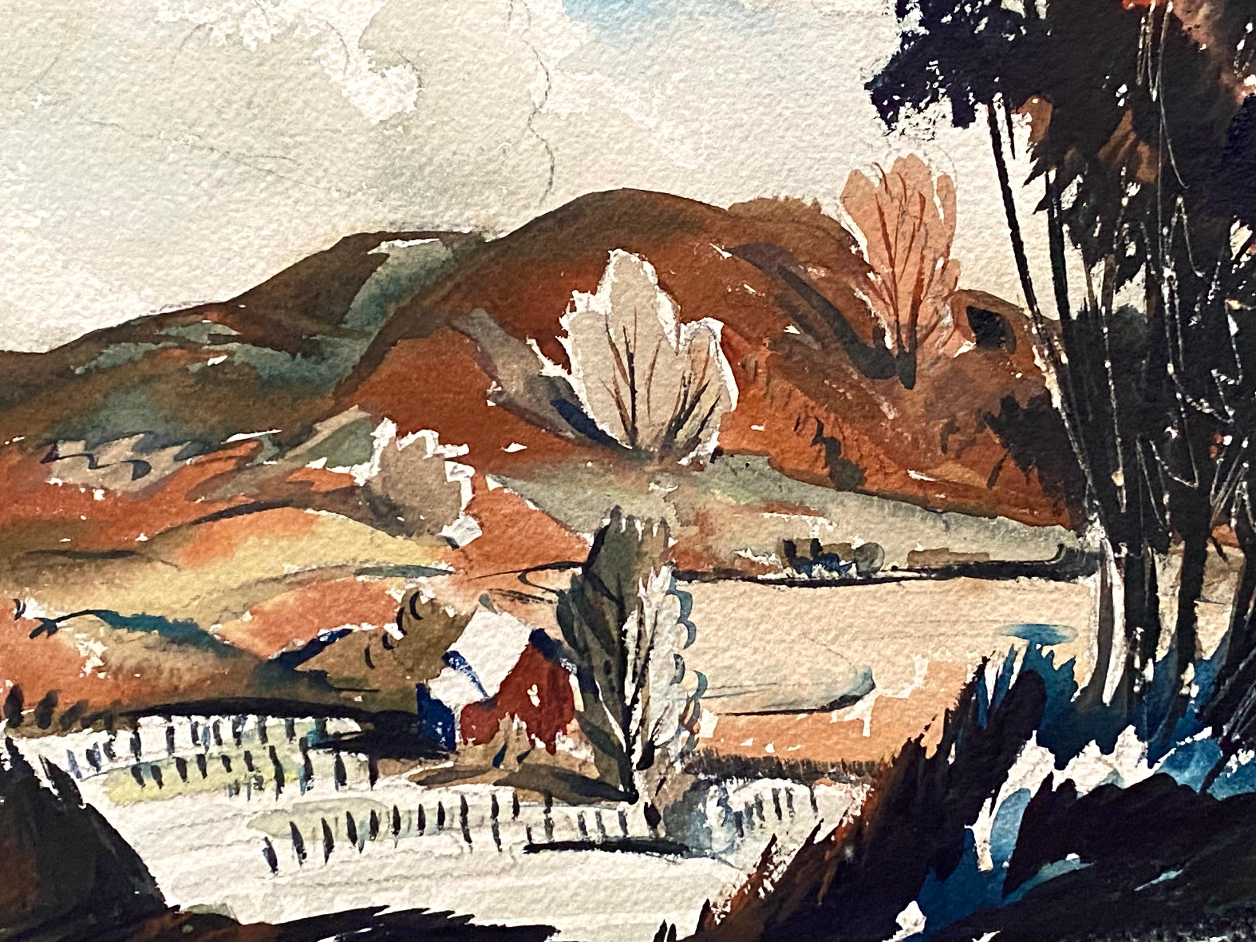 Very well executed watercolor on archival paper of a New England homestead nestled in a picturesque valley. Early fall with the tress just starting to change colors. The watercolor was done by the American artist Hilton Leech. Circa 1950. Signed