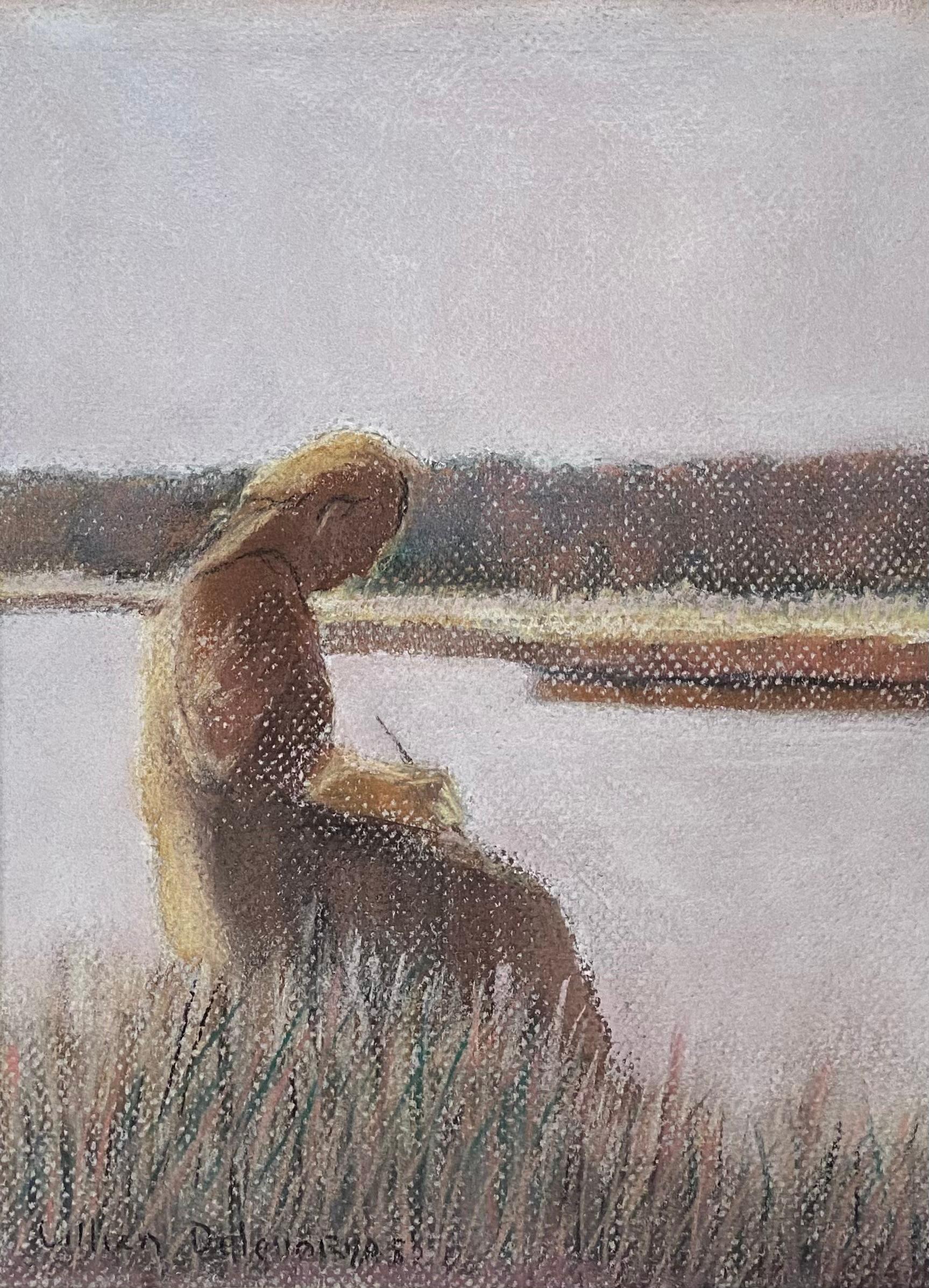Original pastel on watercolor paper by the American artist, Lillian Grace Delevoryas.  Signed lower left. Titled and dated verso 1990.  The artwork depicts an artist at work in a marsh like setting. Soft and subtle use of a monotone palette of oil