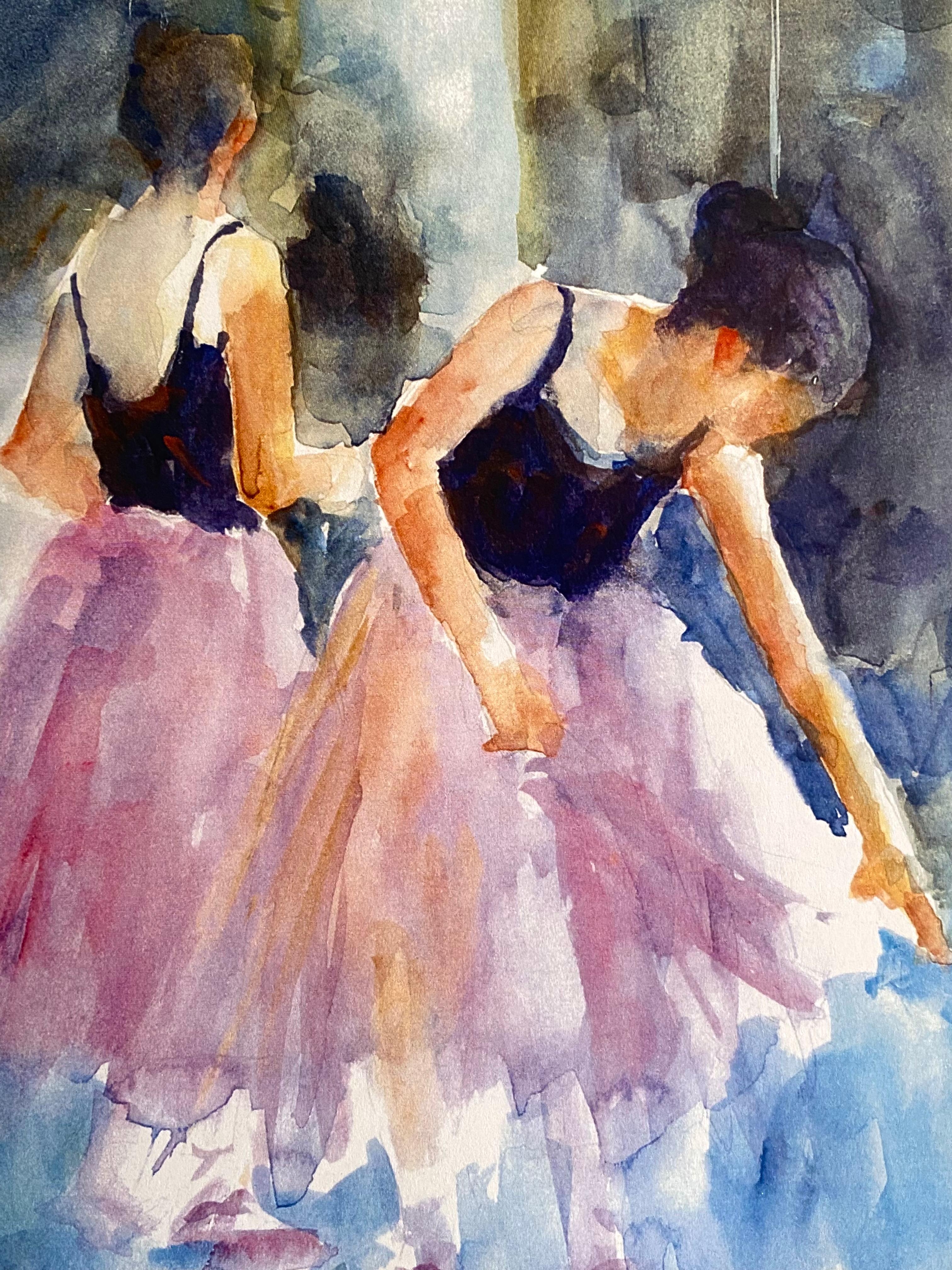 Original watercolor on archival paper of a ballet rehearsal by the American artist Grace Haverty signed lower left with Transparent Watercolor Society of American to the right of signature.  Circa 1990. In excellent original condition. 