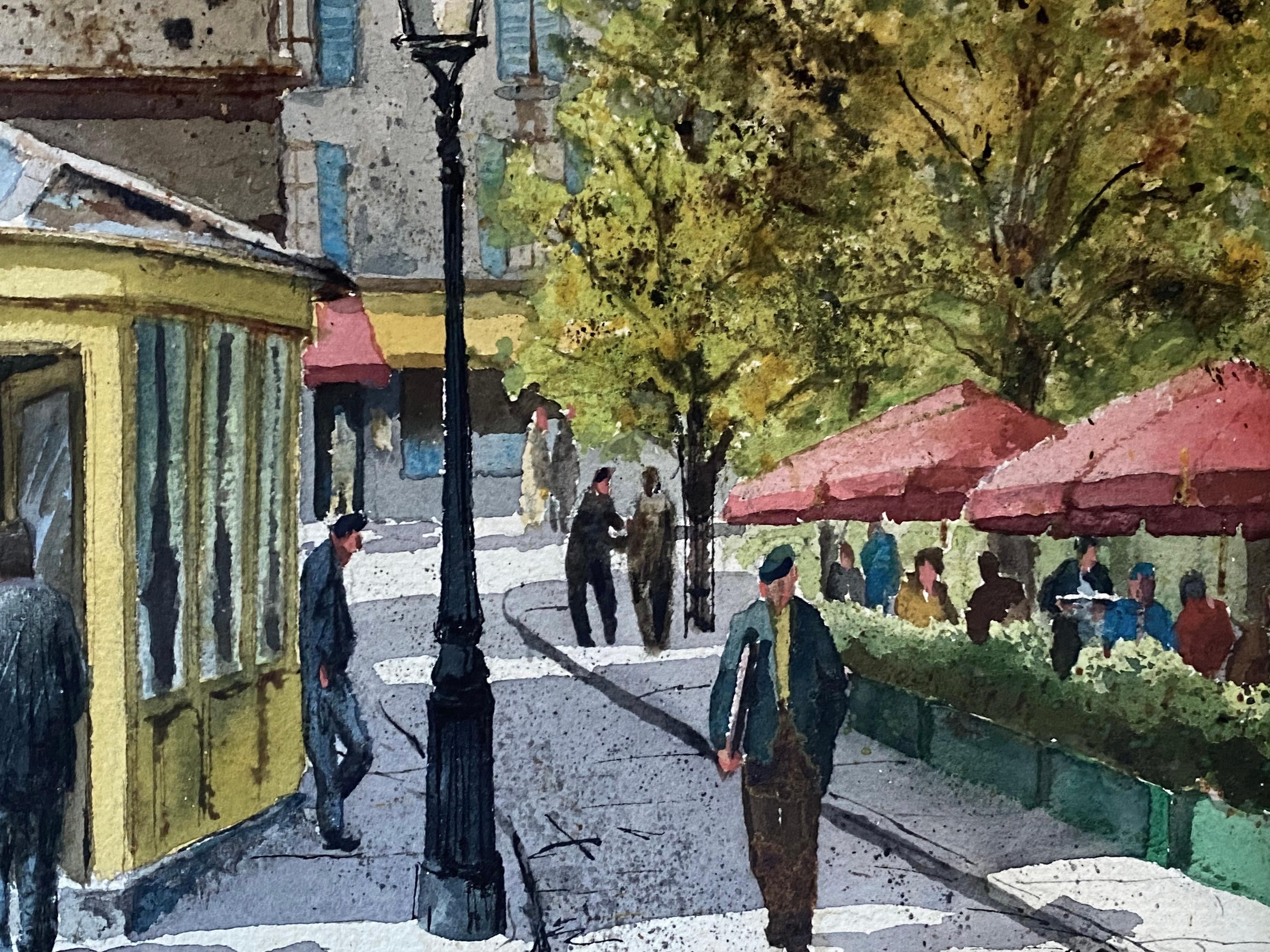 Beautiful, original watercolor by the well known American artist, Henry Martin Gasser. Signed lower right by the artist “Gasser/Paris.  Titled verso. Circa 1965. Condition is excellent. The scene is Montmartre, Paris in July with a busy cafe and