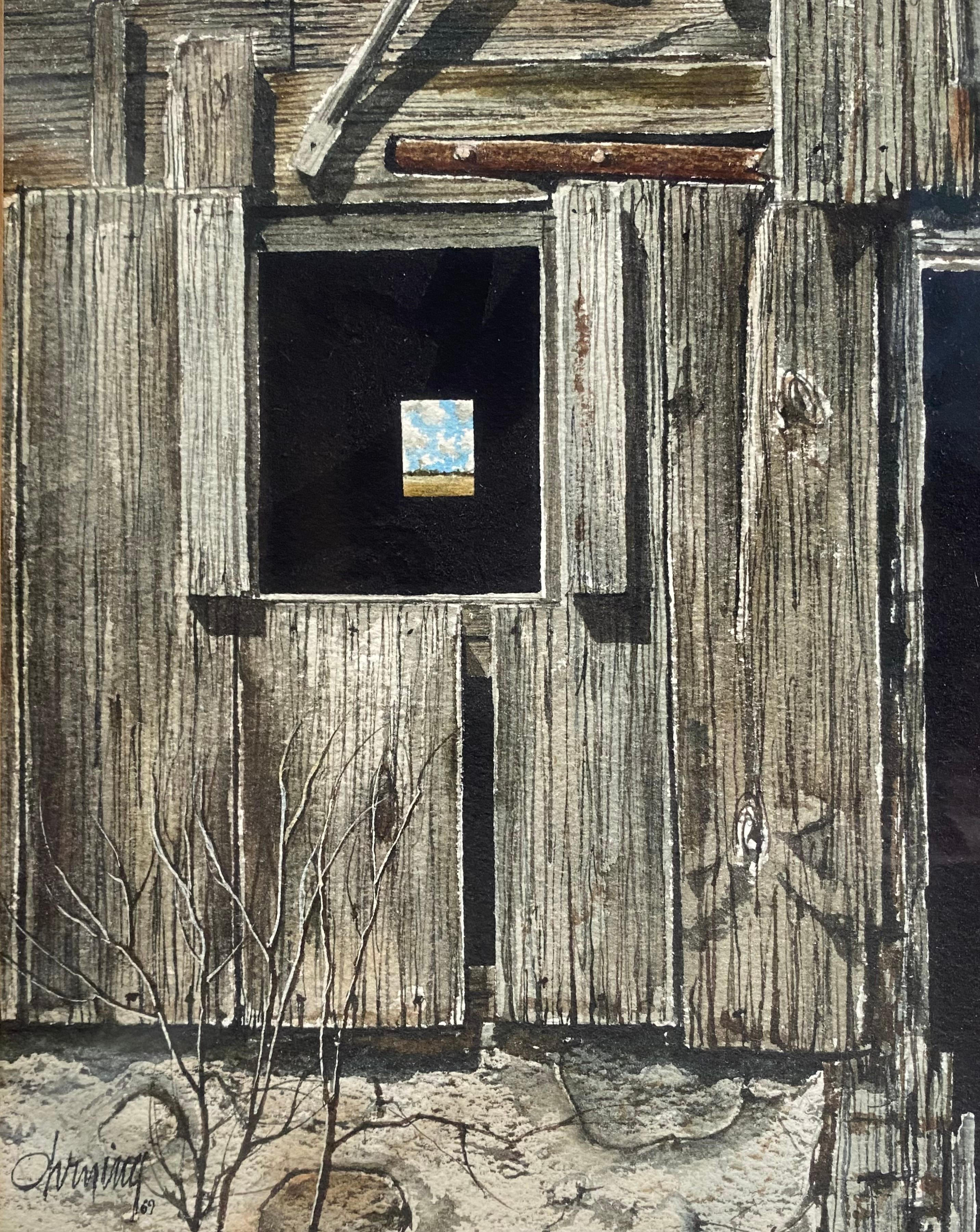 Aquarelle super réaliste magnifiquement exécutée sur  papier d'archives d'une fenêtre de grange ouverte et de la vue extérieure au-delà. Réalisé dans un style trompe L'Oeil. Signé et daté 1969 par l'artiste américain Rudolph Ohrning en bas à gauche.