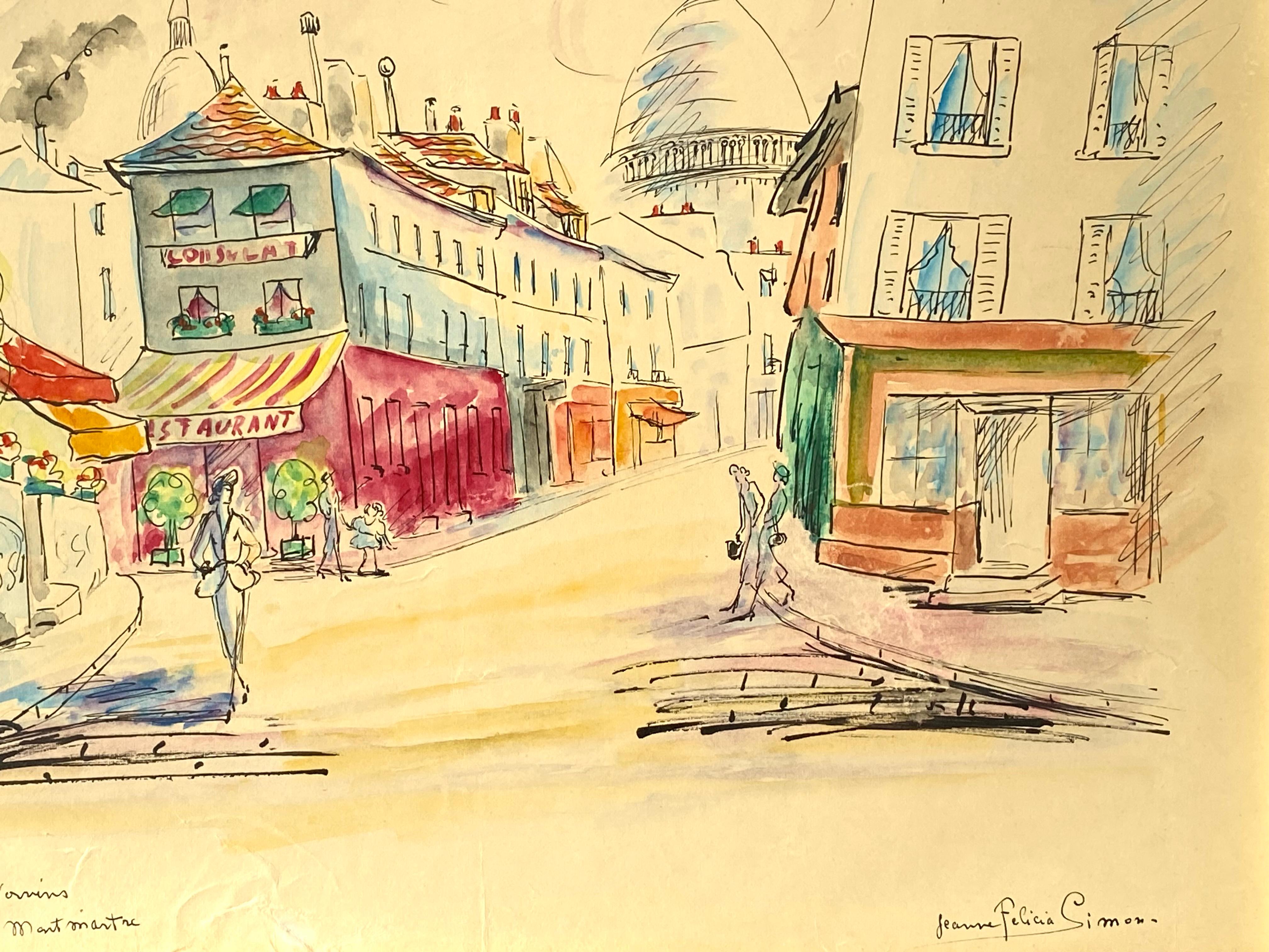 Original-Aquarell- und Tuschezeichnung auf Papier, aufgezogen auf schwerem Karton, vom Place du Tertre in Montmartre, Paris, von der französischen Künstlerin Jeanne Felicia Simon.  Rechts unten in Tinte signiert und links unten betitelt.  Der