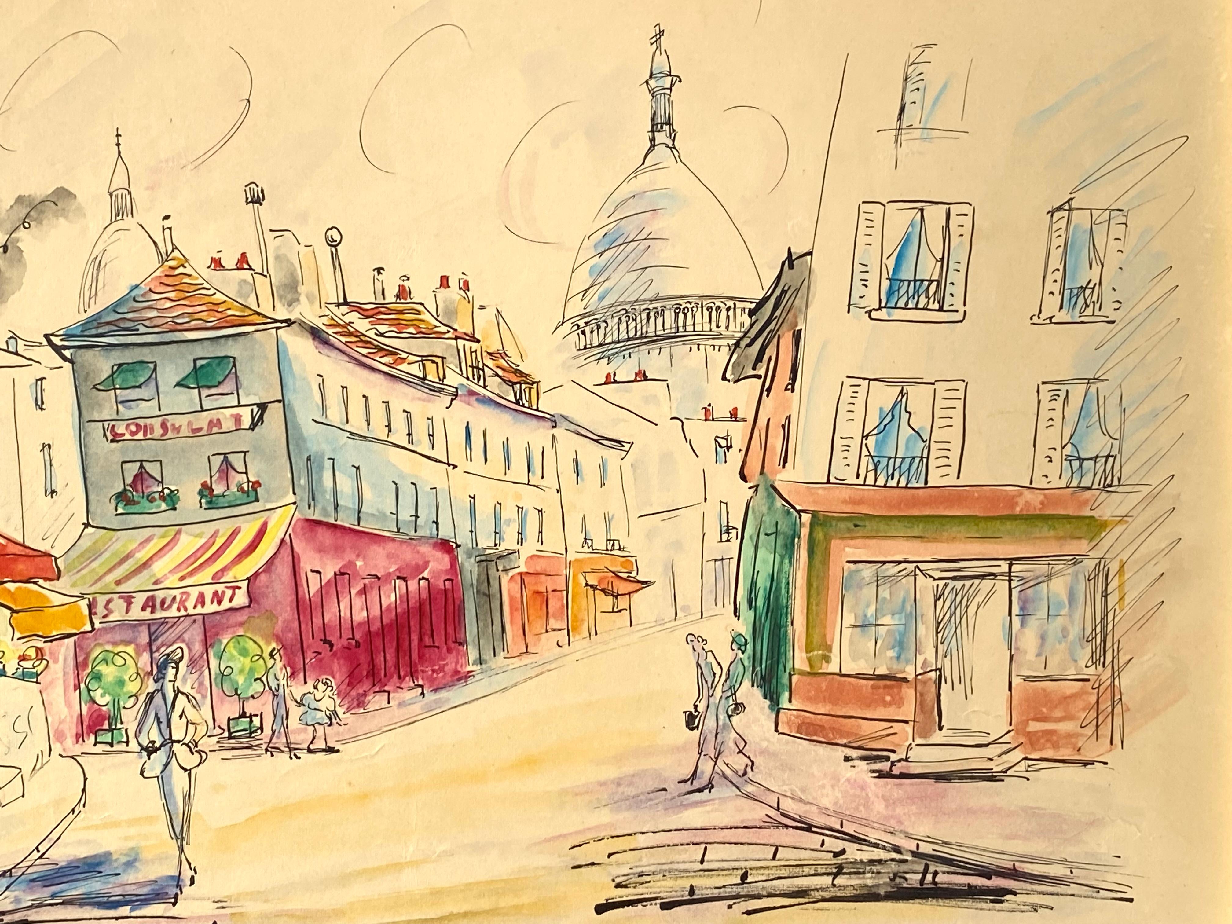 Original watercolor and ink drawing on paper mounted to heavy cardstock of the Place du Tertre in Montmartre, Paris by the French artist , Jeanne Felicia Simon.  Signed lower right in ink and titled lower left.  Condition is good. Circa 1965. Under