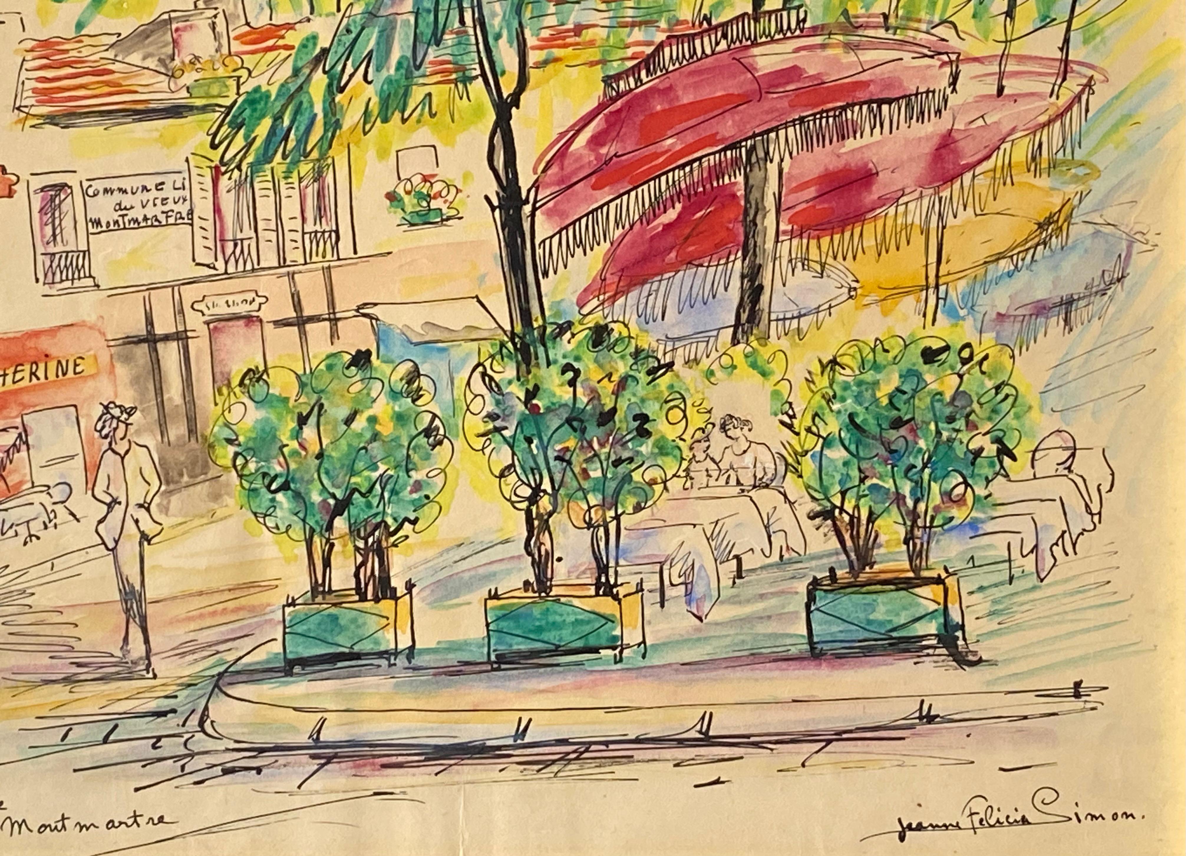 
Original watercolor and ink drawing on paper mounted to heavy cardstock of the Place du Tertre in Montmartre, Paris by the French artist , Jeanne Felicia Simon.  Signed lower right in ink and titled lower left.  Condition is good. Circa 1965. Under
