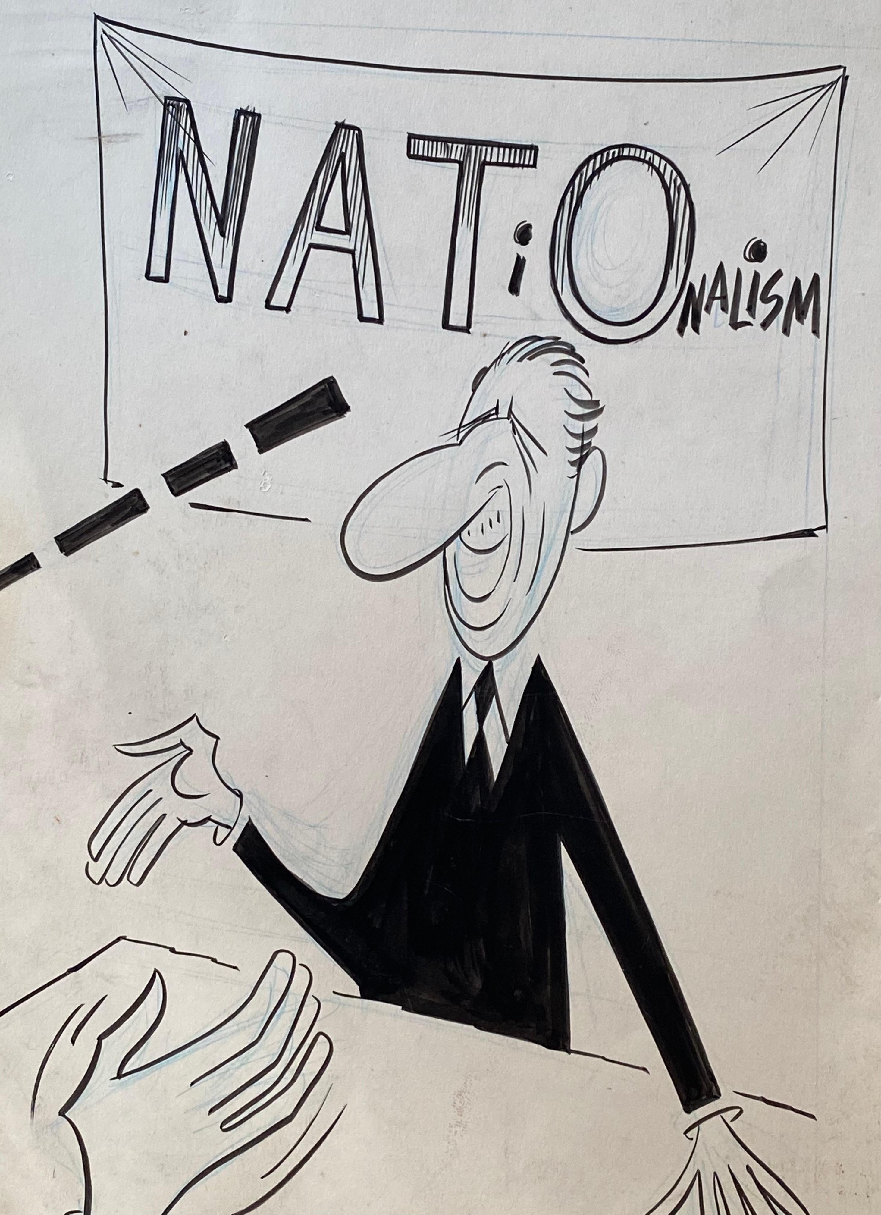 Dessin original au crayon de couleur vert clair et au marqueur noir permanent d'une caricature politique pour le journal San Francisco Examiner. John F. Kennedy et Charles de Gaulle sur l'OTAN  et le nationalisme. Signé en bas à droite par