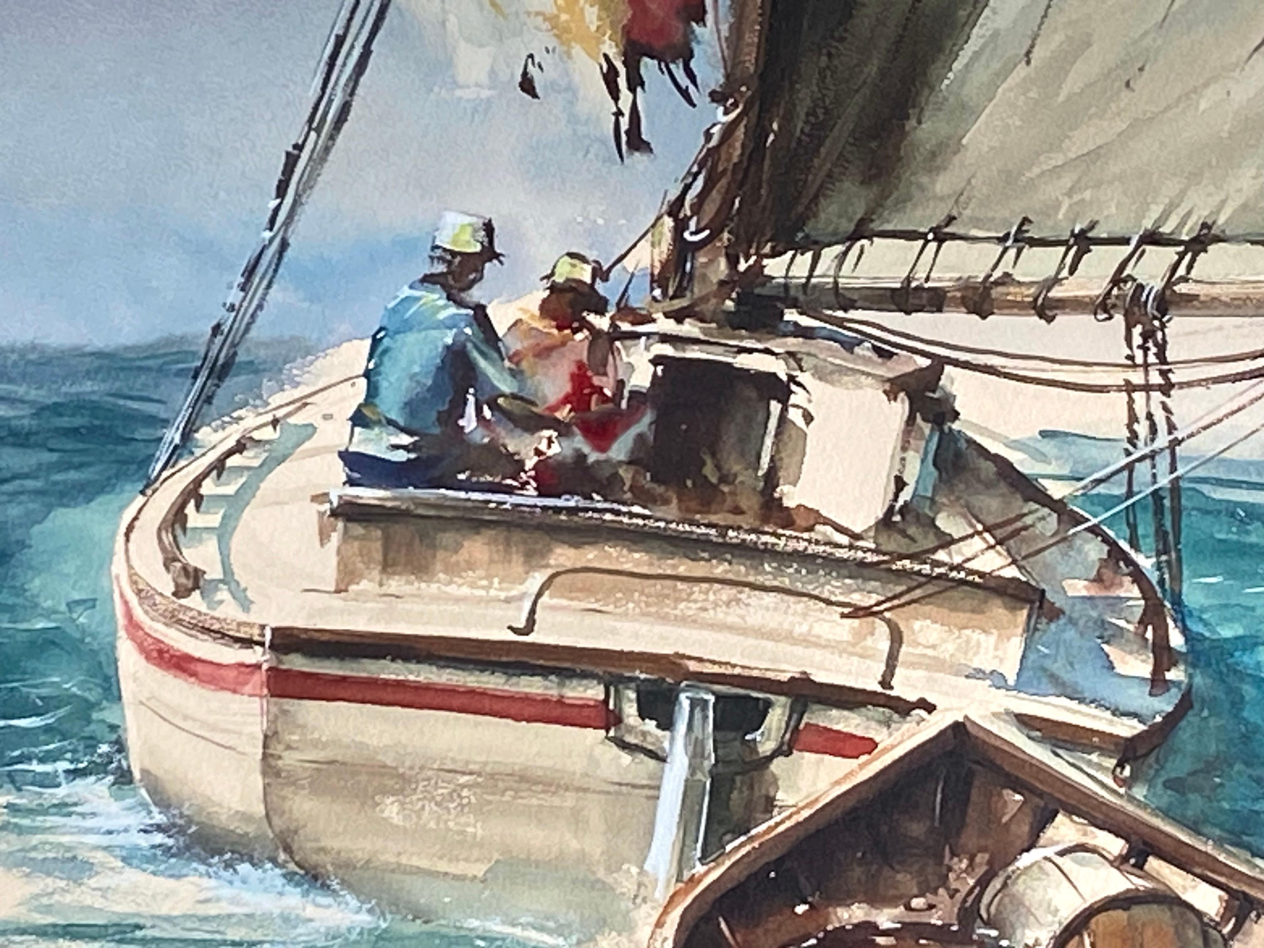 Original watercolor on archival paper of a sailboat with a trailing dory heading out to sea.  Attributed to the hand of Alexander Yaron.  Signed lower right and dated 1980.  Condition is excellent.  Under glass. The artwork is matted and housed in a