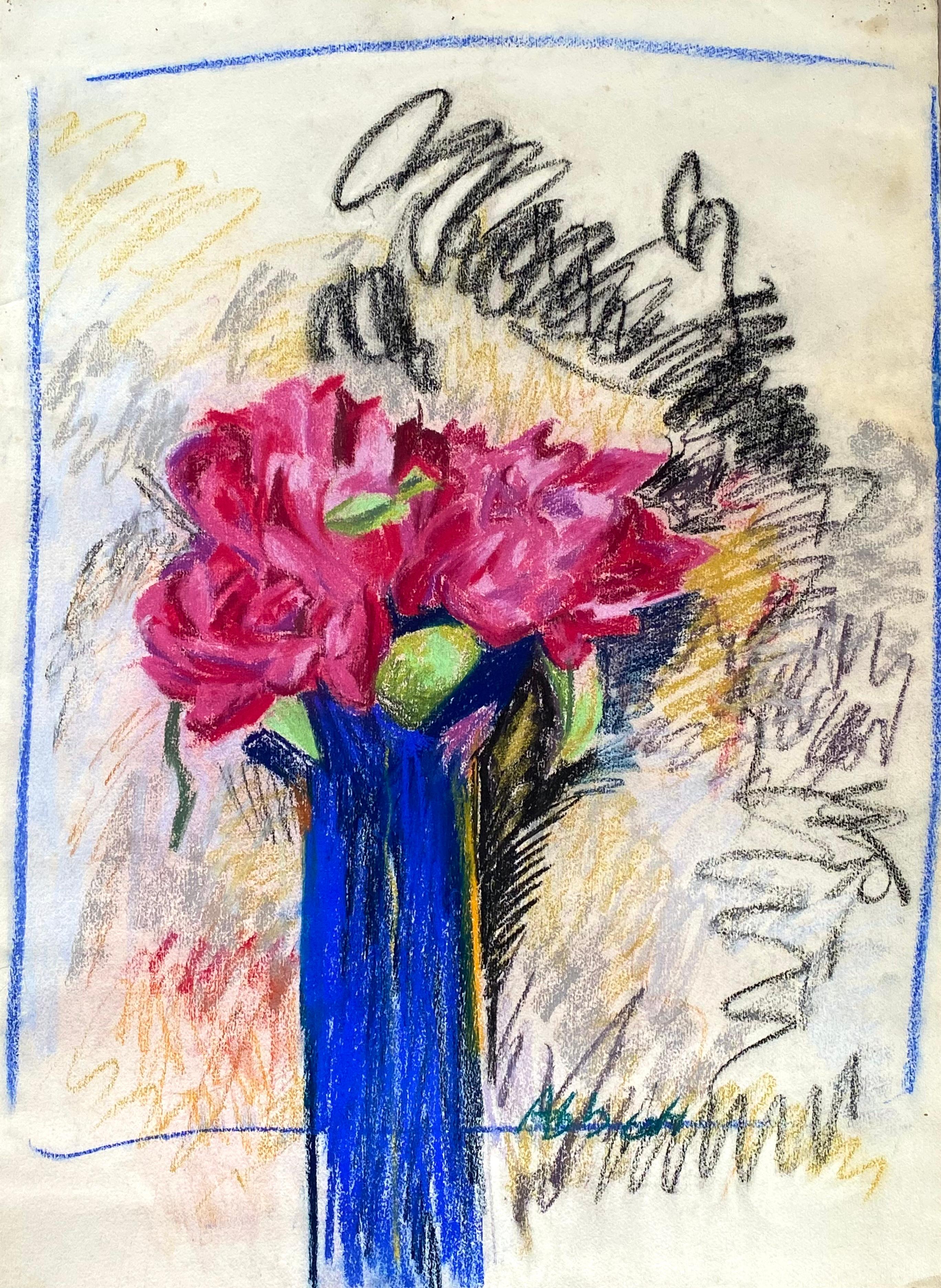 Original oil pastel on archival paper by the renowned New York artist, Mary Abbott.  Signed lower right. Untitled. Circa 1970. Condition is very good. Presently unframed. Sheet size 30 by 22 inches. Rich red flowers in a vibrant blue vase.