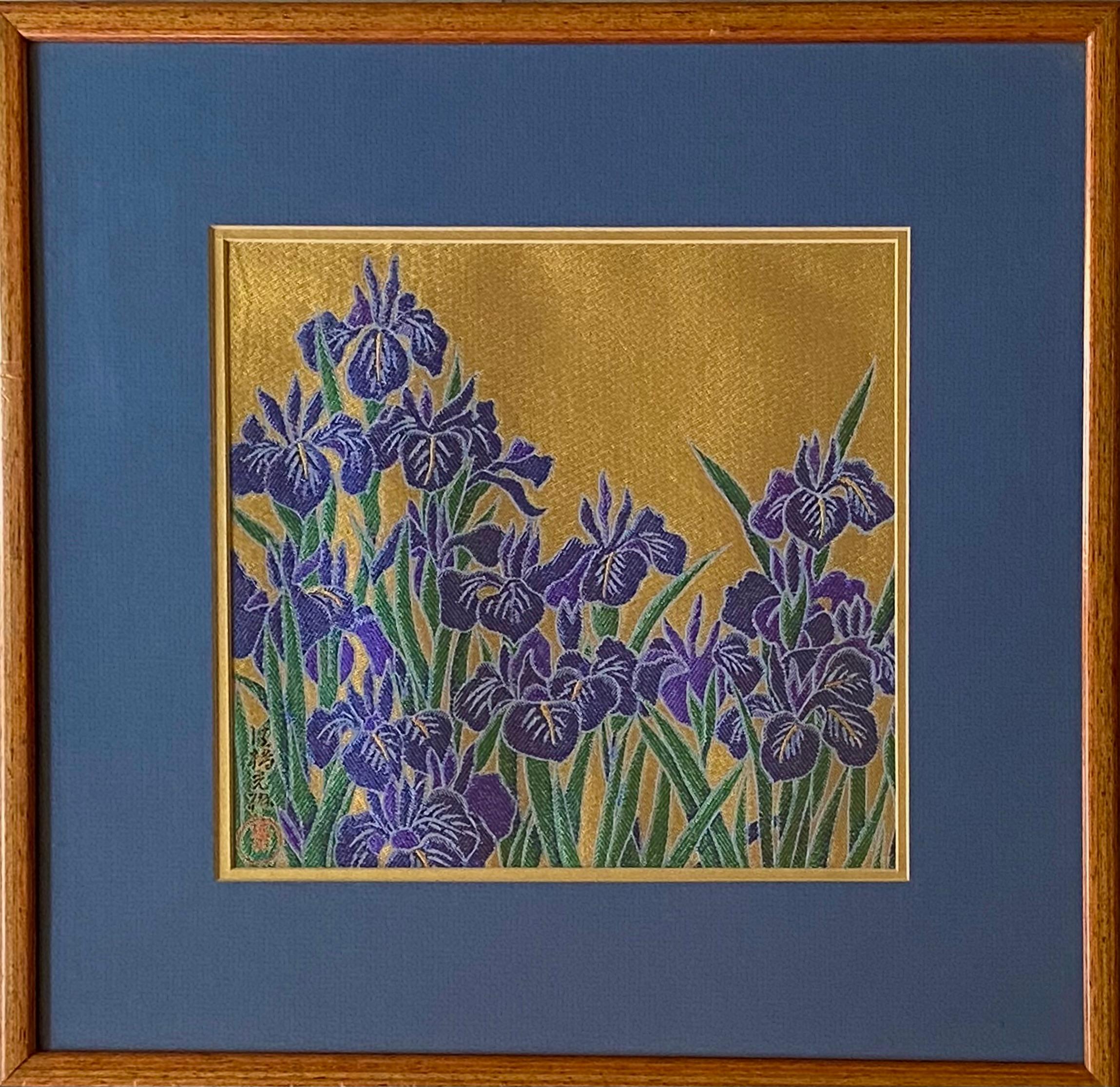 Beautifully executed cross stitch chinese embroidery of a field of irises. Artist red seal lower left with calligraphy above. Condition is excellent. Circa 1990. Artist unknown. Under glass. The artwork is double matted with a thin multicolored wood