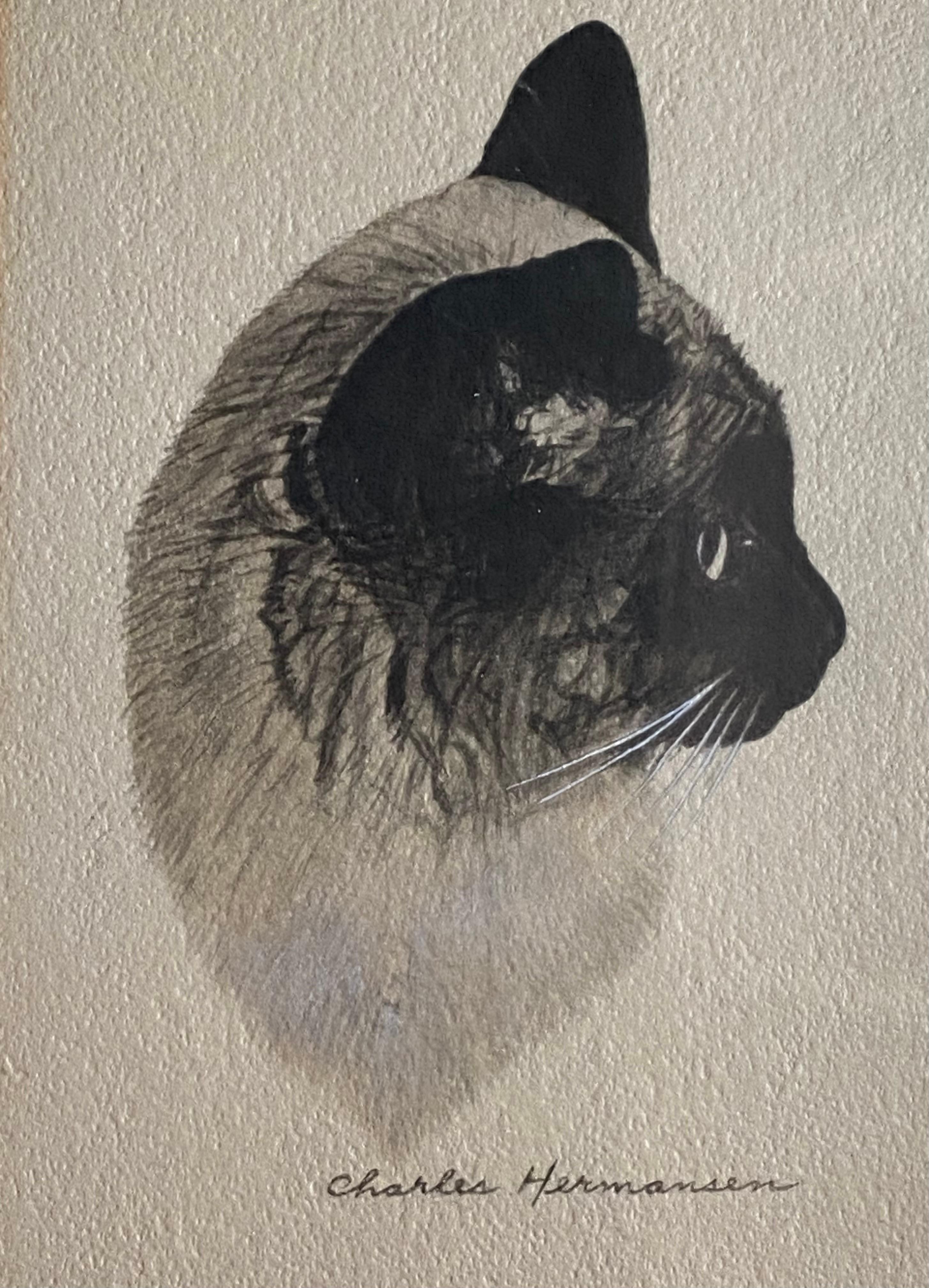 Profil exquis d'un chat réalisé au graphite, à l'aquarelle et au lavis brossé par l'artiste d'origine norvégienne, Charles Hermansen.  Signé en bas au milieu. Circa 1940. L'état est très bon.  Magnifiquement maté et encadré par un professionnel. 