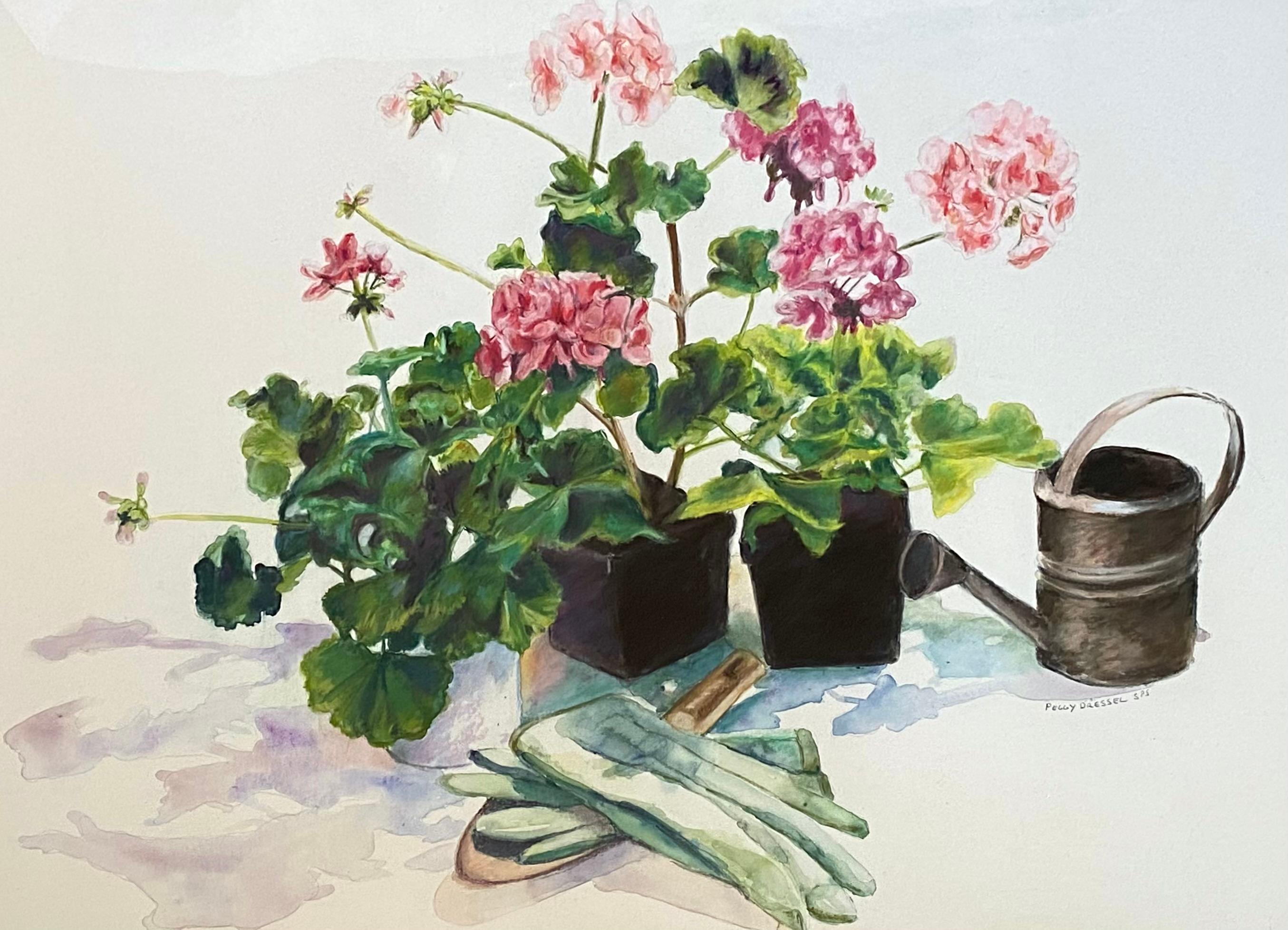 Very well painted original watercolor on archival paper of potted geraniums with metal watering can and garden gloves. Signed in pencil by the artist Peggy Dressel lower right. The S.P.S. after her signature stands for Southeastern Pastel Society of