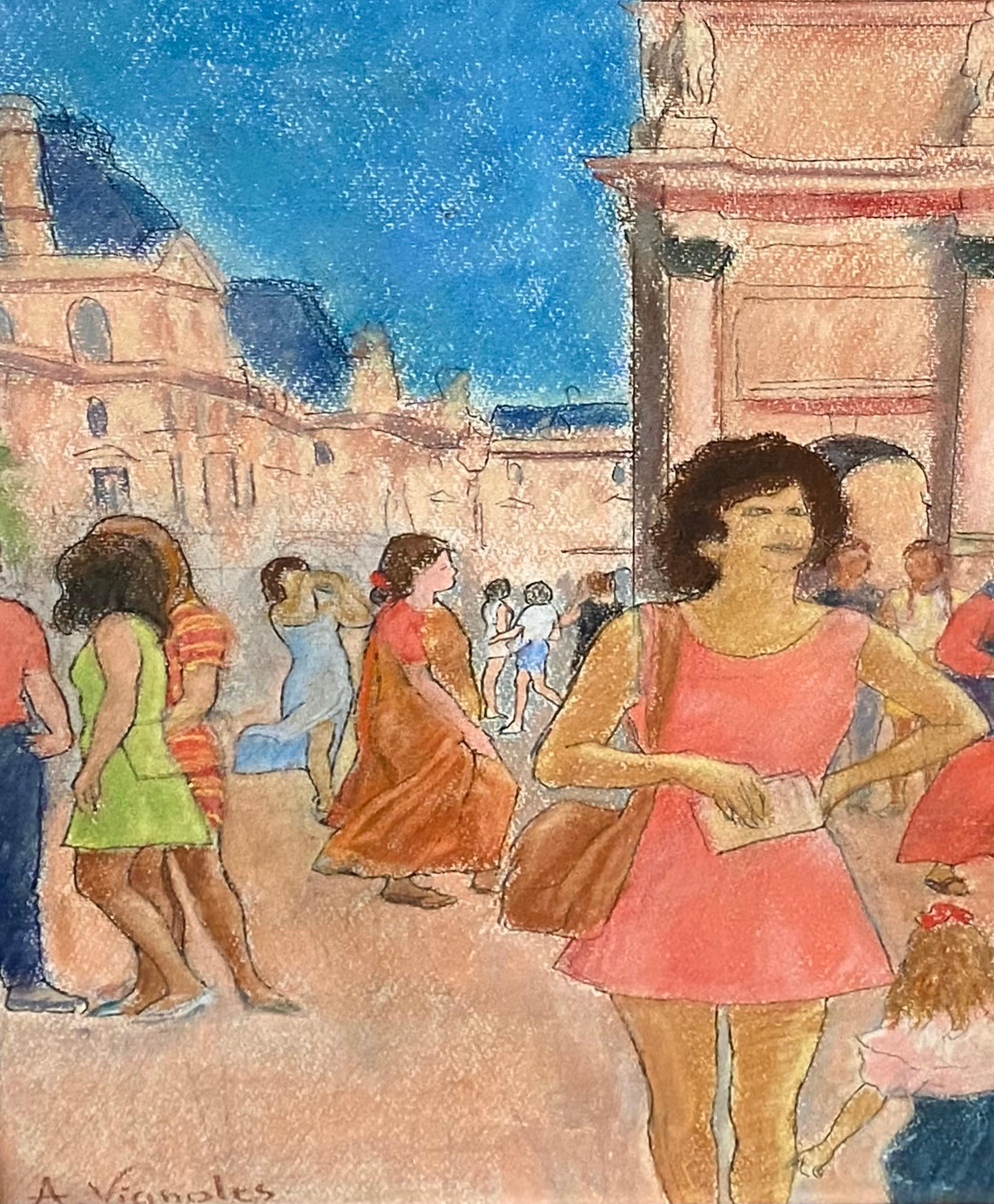 Original-Ölpastell mit Graphitzeichnung einer belebten Pariser Straßenszene vor dem Arc de Triomphe in Paris. Der Künstler ist der bekannte französische Künstler Andre Vignoles.  Signiert unten links vom Künstler. Künstler-Label verso. Der Zustand