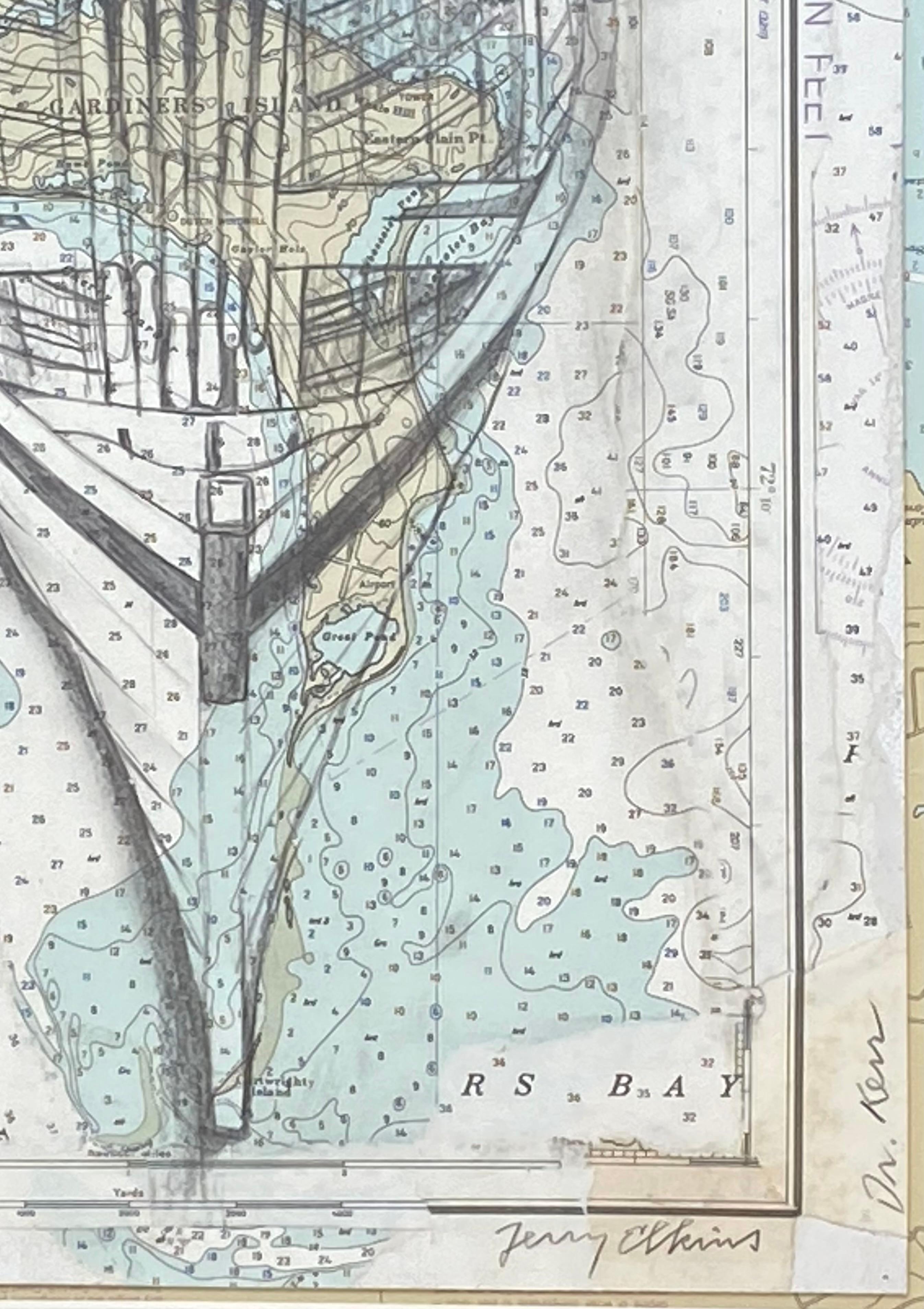 Collage original composé d'un dessin réaliste au graphite sur une ancienne carte marine d'une grande barque.  Signé en bas à droite .  Dedicated to Dr. Kerr, a Hamptons doctor.  L'état est très bon.  La barque est centrée sur l'île de Gardner. 
