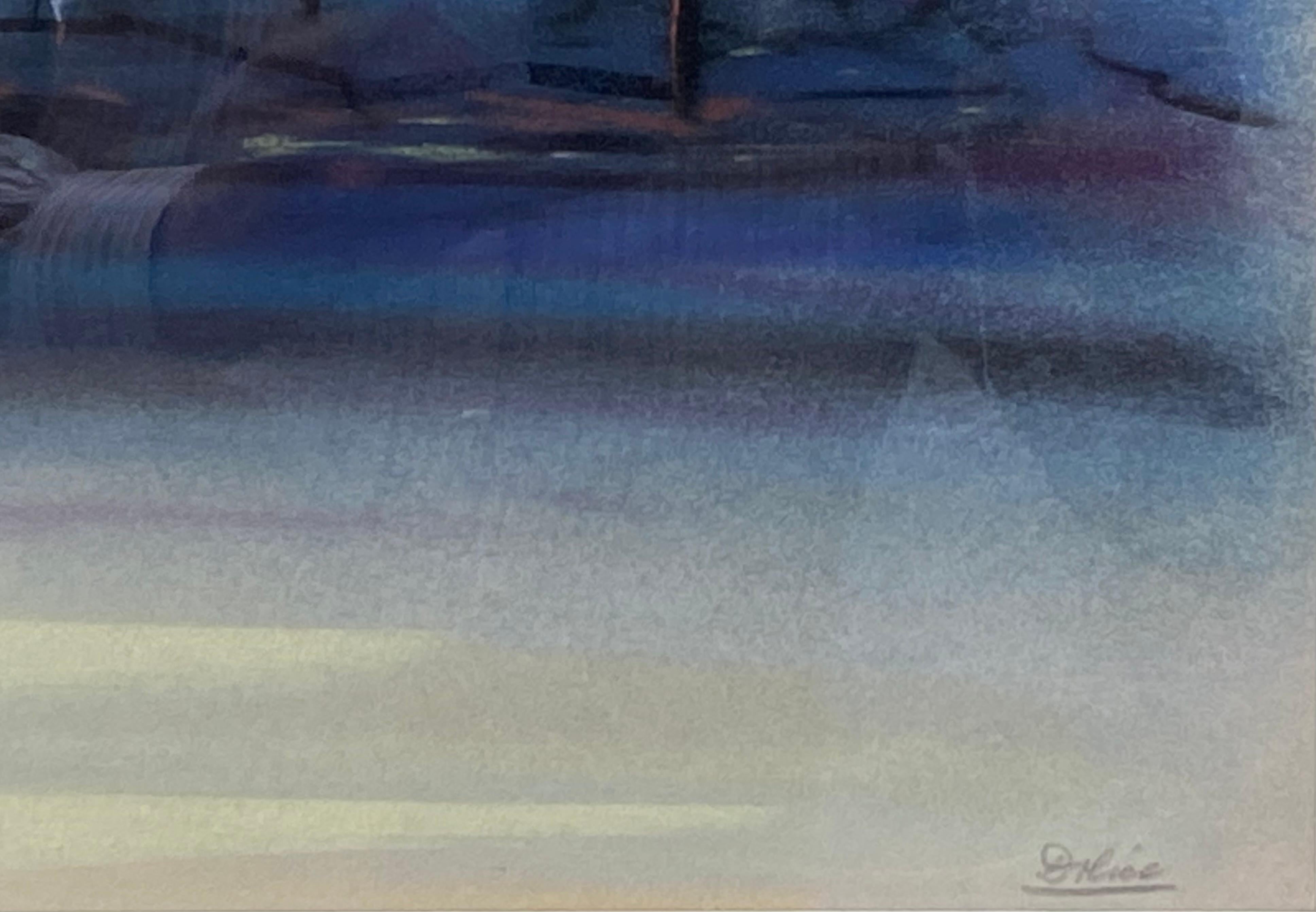 Very well executed  original pastel on archival paper of New York City at night with beacon by the well known American artist, Leon Dolice.  Signed lower right. Circa 1930.  Condition is excellent.  Beautifully gallery framed with stained mahogany