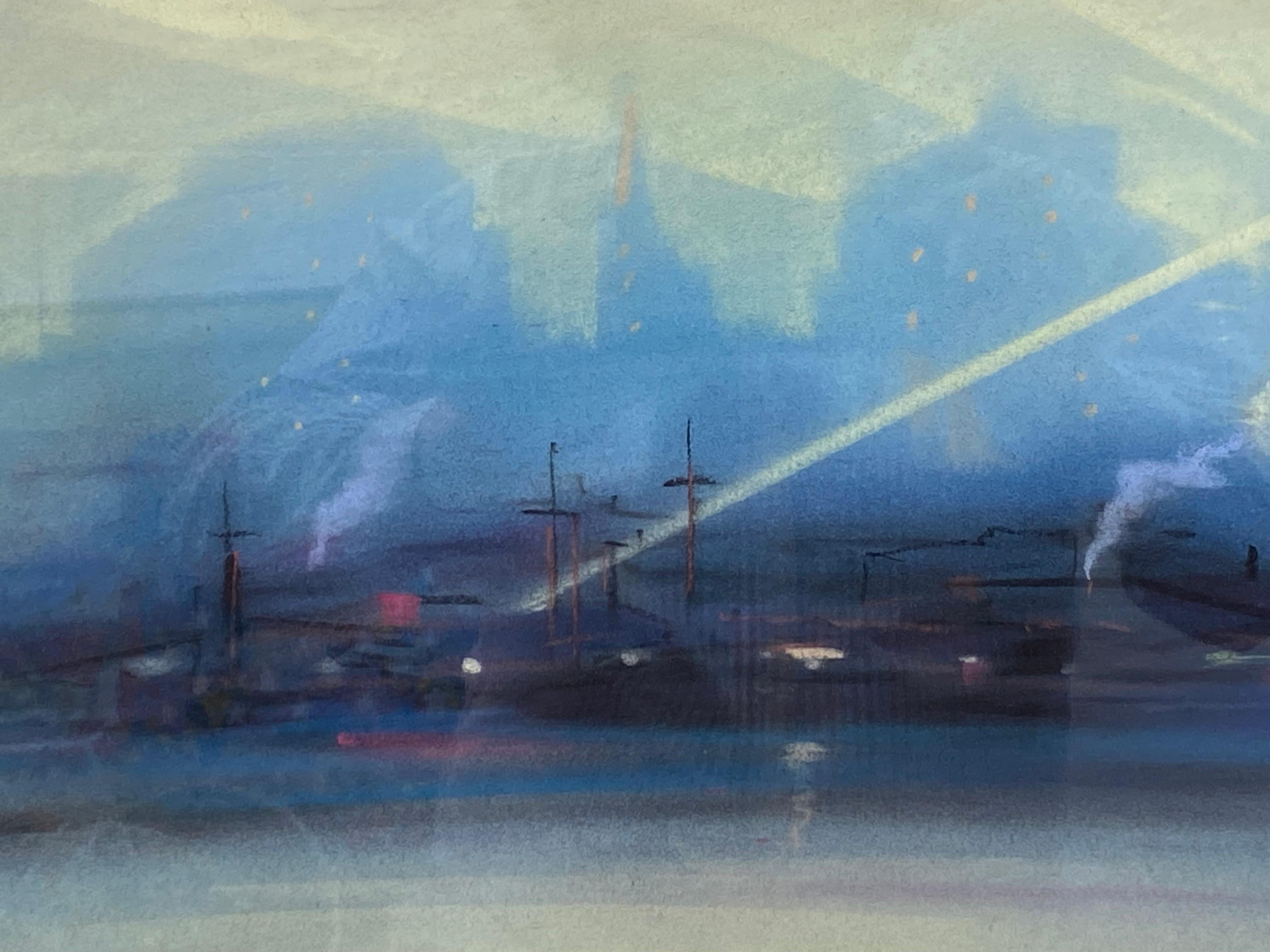 “New York at Night” - Gray Landscape Art by Leon Dolice