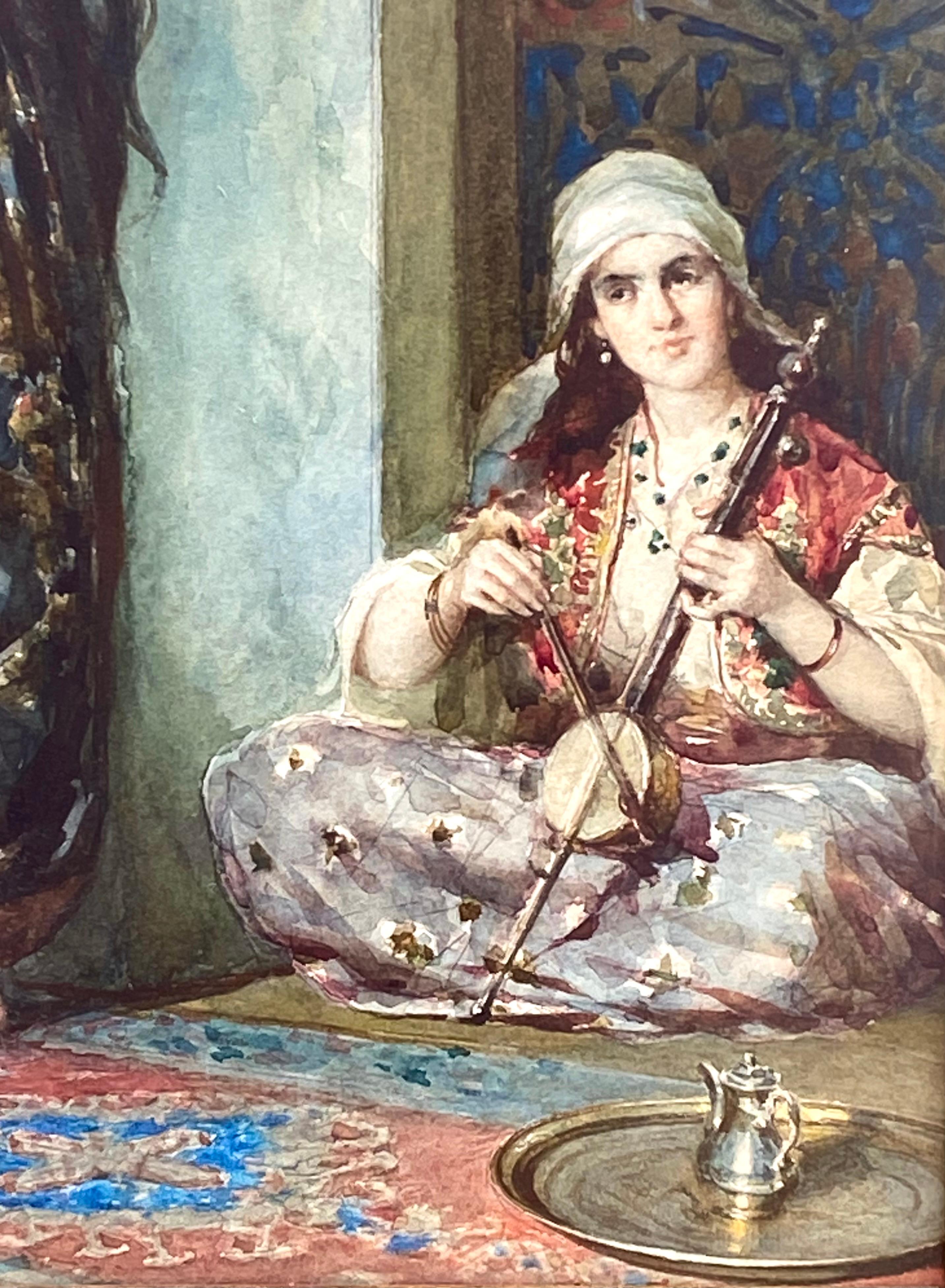Original watercolor and gouache on archival paper of female musicians by the well known Italian artist, Giulio Rosati. Signed lower.  Circa 1890. Condition is excellent. Original oak wood with incised design frame. Overall framed measurements are