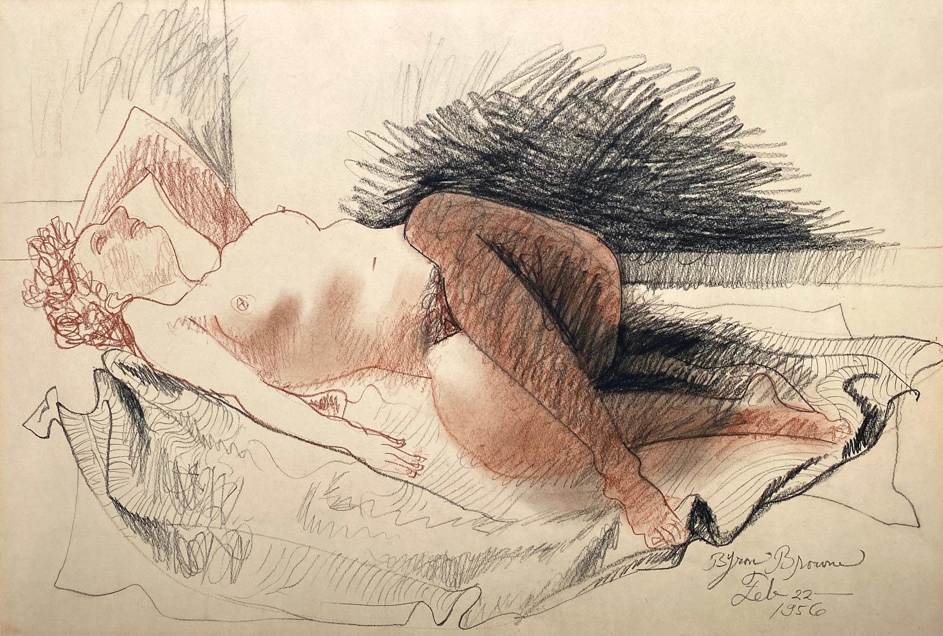 Original oil pastel on archival paper by the well known American artist, Byron Browne.  Signed lower right and dated 1956. Condition is excellent. Recently professionally rematted.  Original frame in very good condition. Overall framed measurements