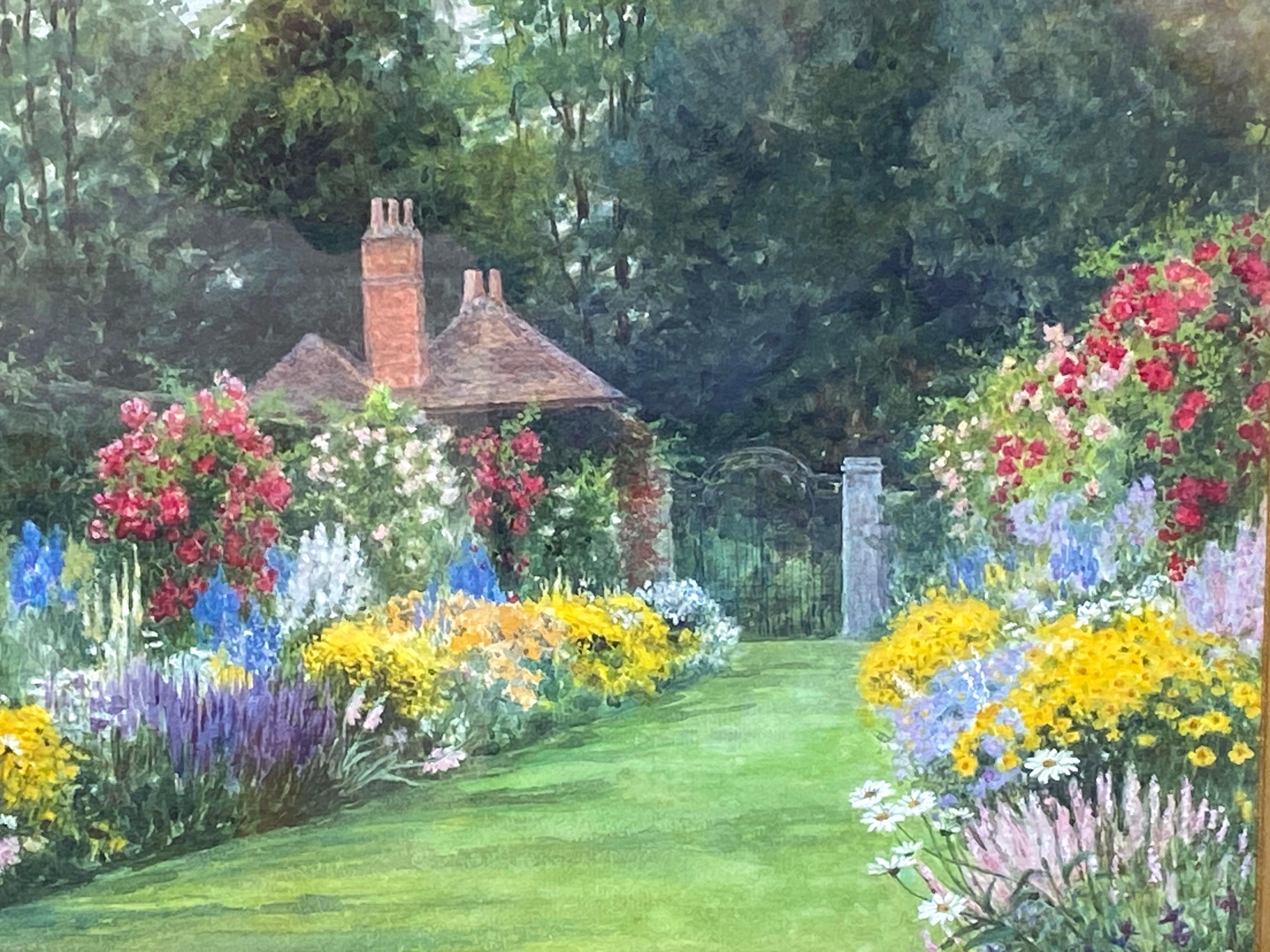 

Un vibrante acquerello su carta d'archivio dell'artista britannico Howard Neville Walford, che raffigura un bellissimo giardino fiorito con un tradizionale cottage inglese sullo sfondo, probabilmente un esempio del lavoro successivo di Walford.