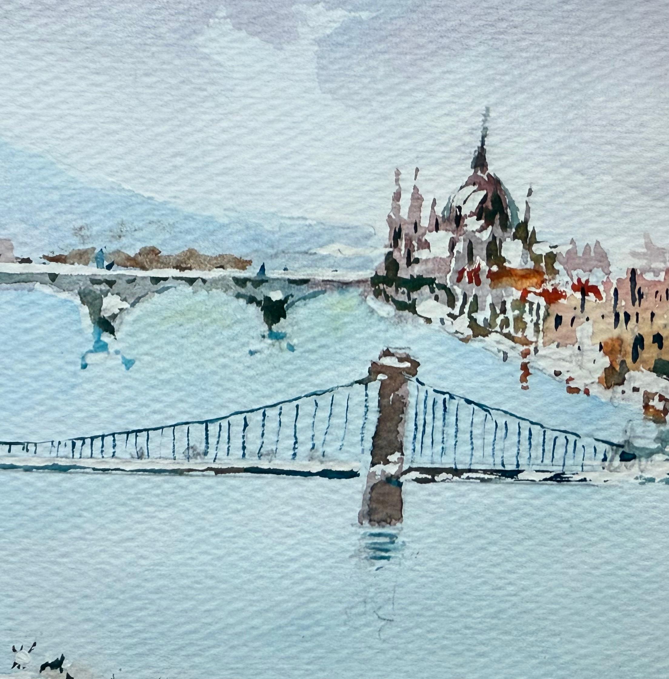 Acquerello originale di Istvan Vargas del Ponte delle Catene di Budapest, la capitale dell'Ungheria. Firmato in basso a destra.  Le condizioni sono eccellenti. Sotto vetro.
Il grande Palazzo del Parlamento in lontananza sulla destra.  L'acquerello è