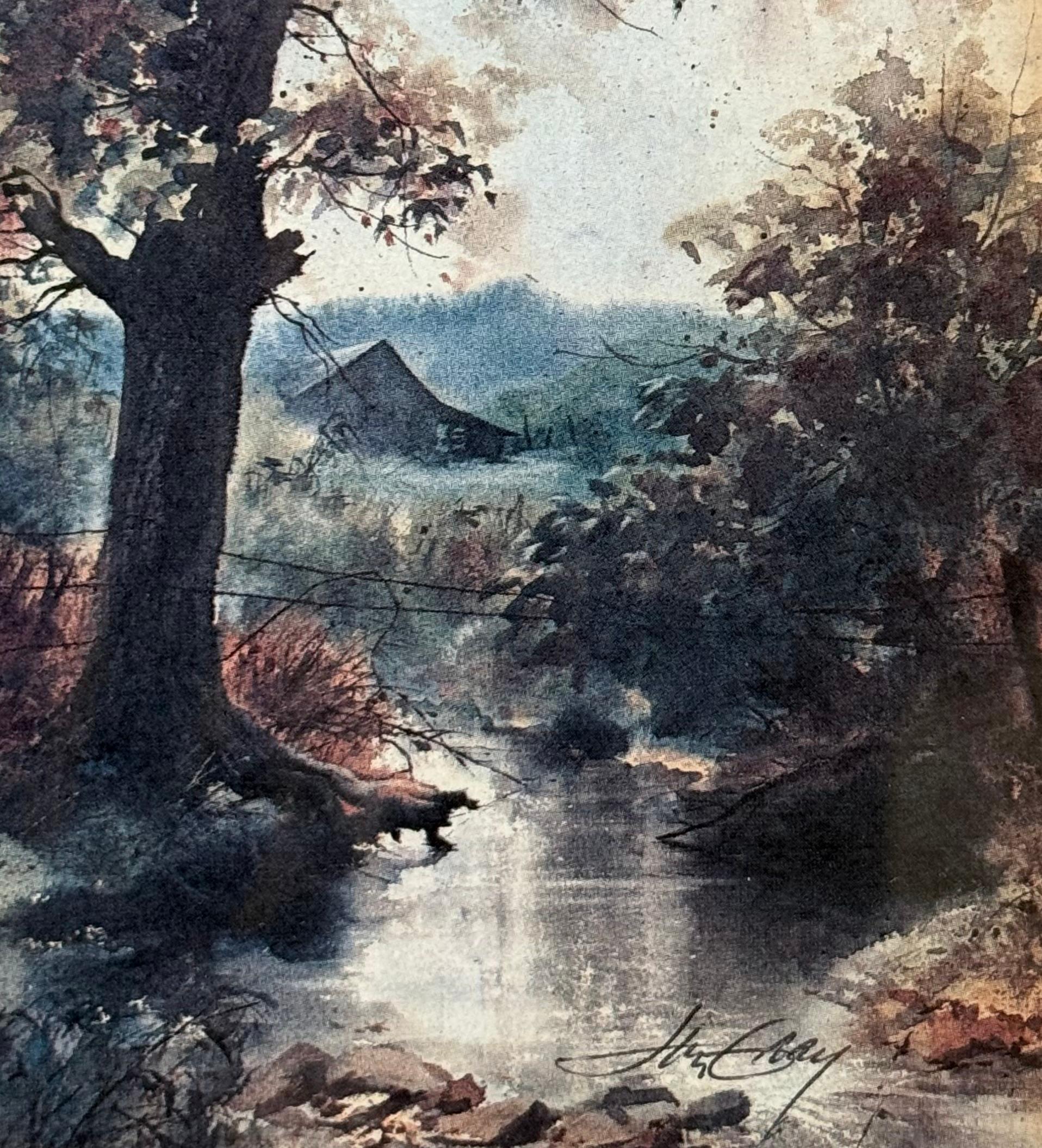 
Original-Aquarell auf Archivpapier des bekannten Künstlers aus Tennessee, Jim Gray. Ca. 1995. Signiert Mitte unten. Das Gemälde zeigt eine typische Hütte in Tennessee im Frühherbst mit einer ruhigen Dampfwolke darunter.  Der Zustand ist
