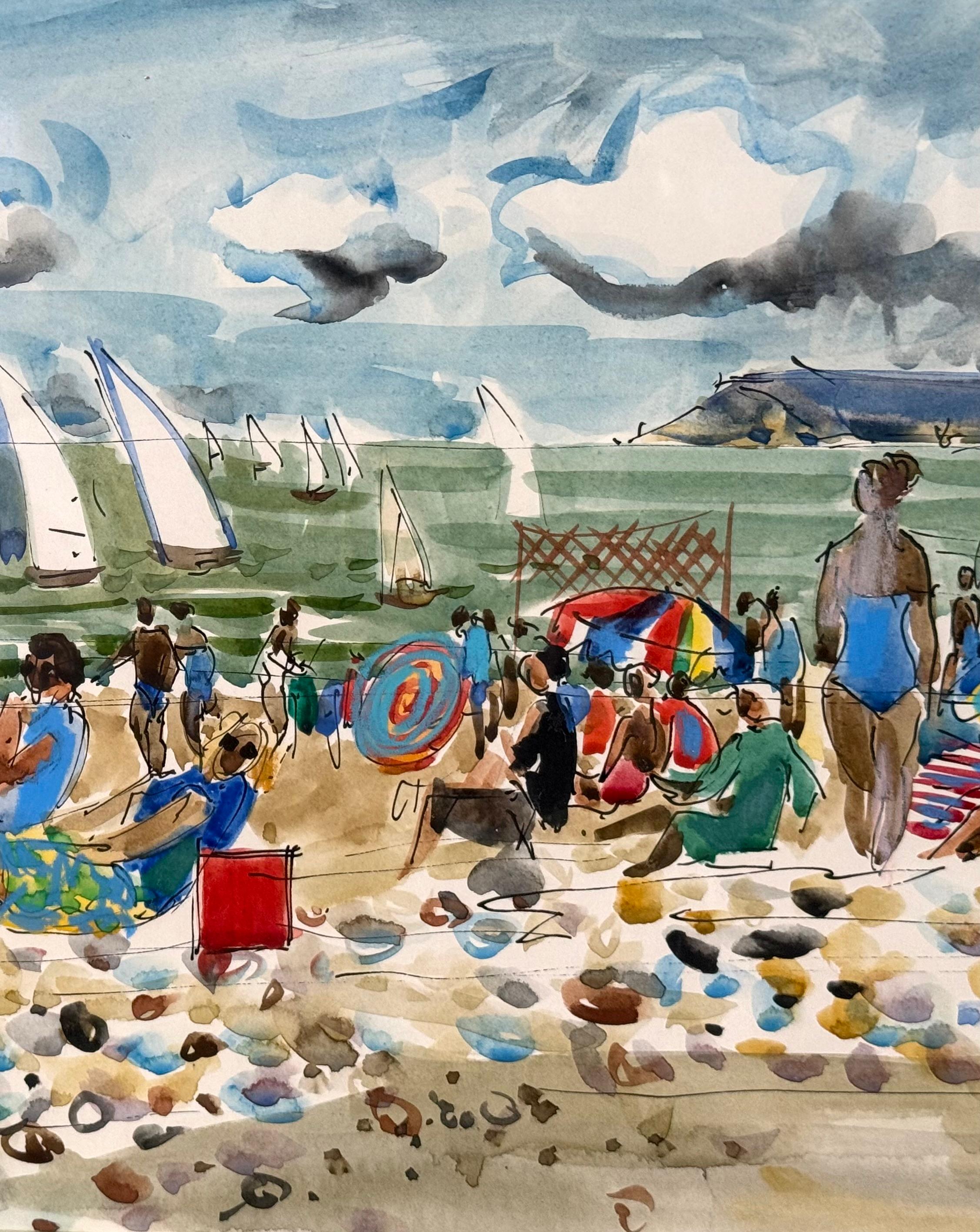 Voiliers au large de la plage - Postmoderne Art par Jean Monneret