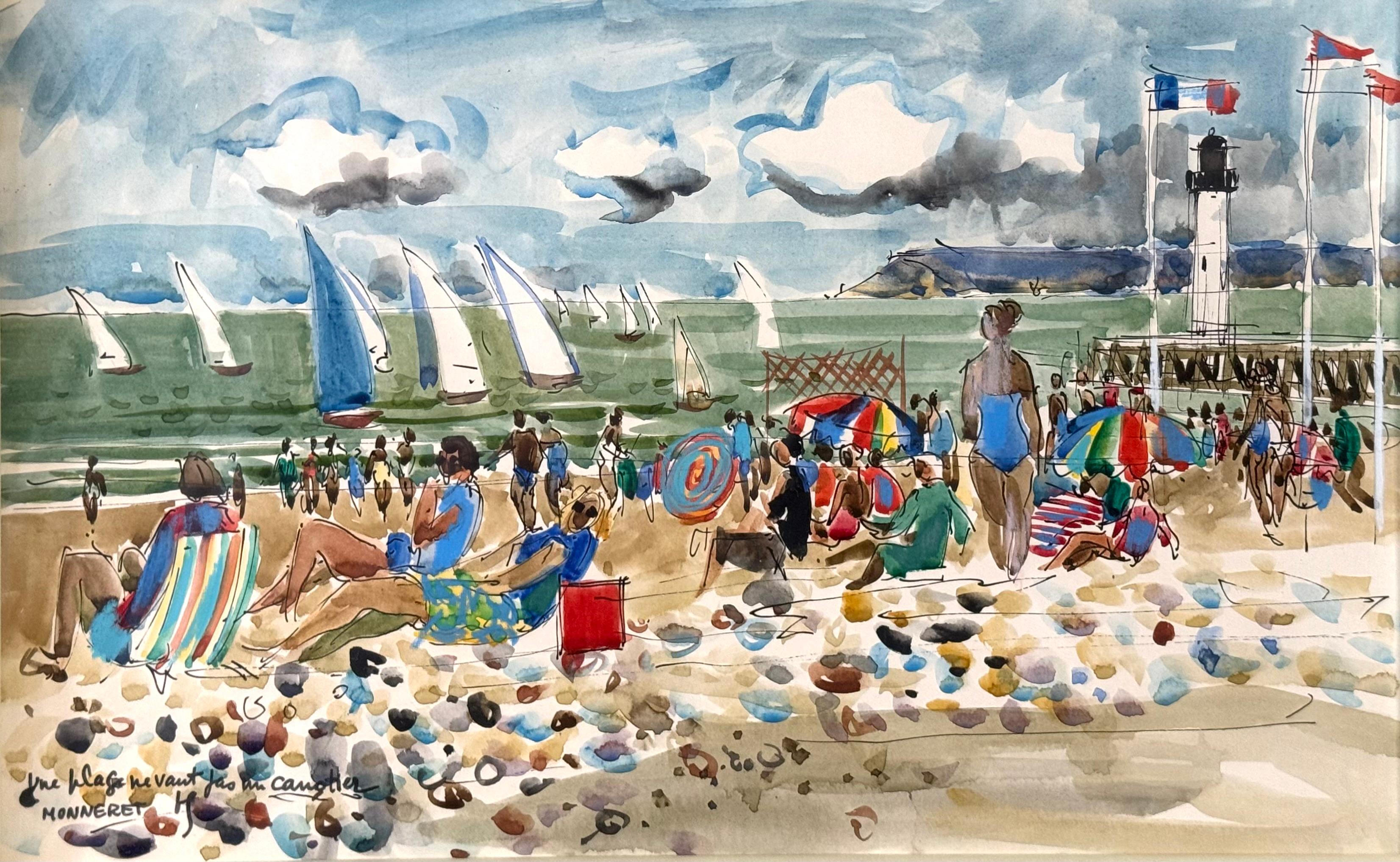 Voiliers au large de la plage - Gris Landscape Art par Jean Monneret