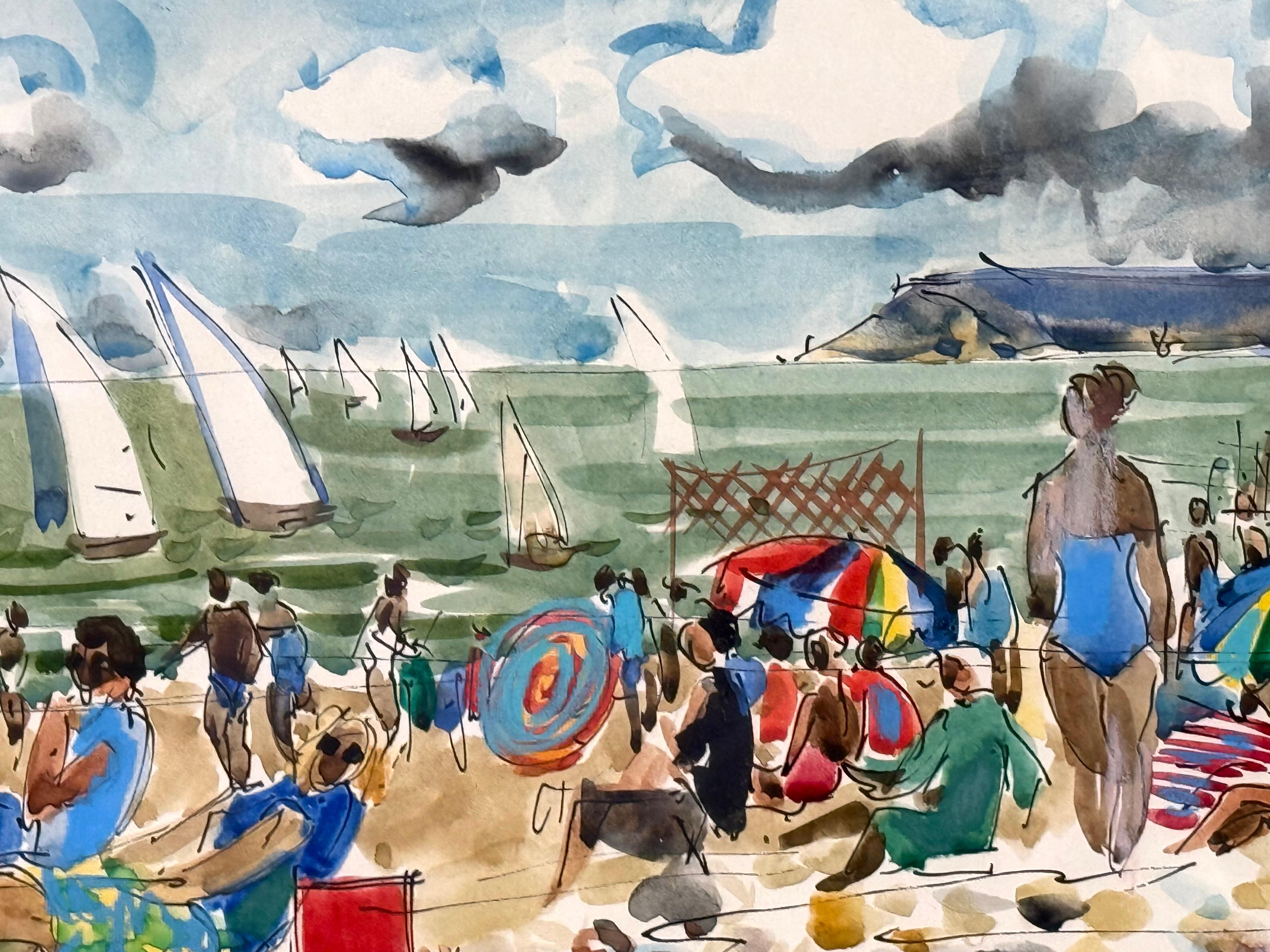 
Aquarelle originale sur papier d'archivage d'une scène de plage française animée avec une multitude de voiliers juste au bord de la mer. Signé par l'artiste en bas à gauche avec inscription.  L'état est excellent. Vers 1965. L'aquarelle est placée