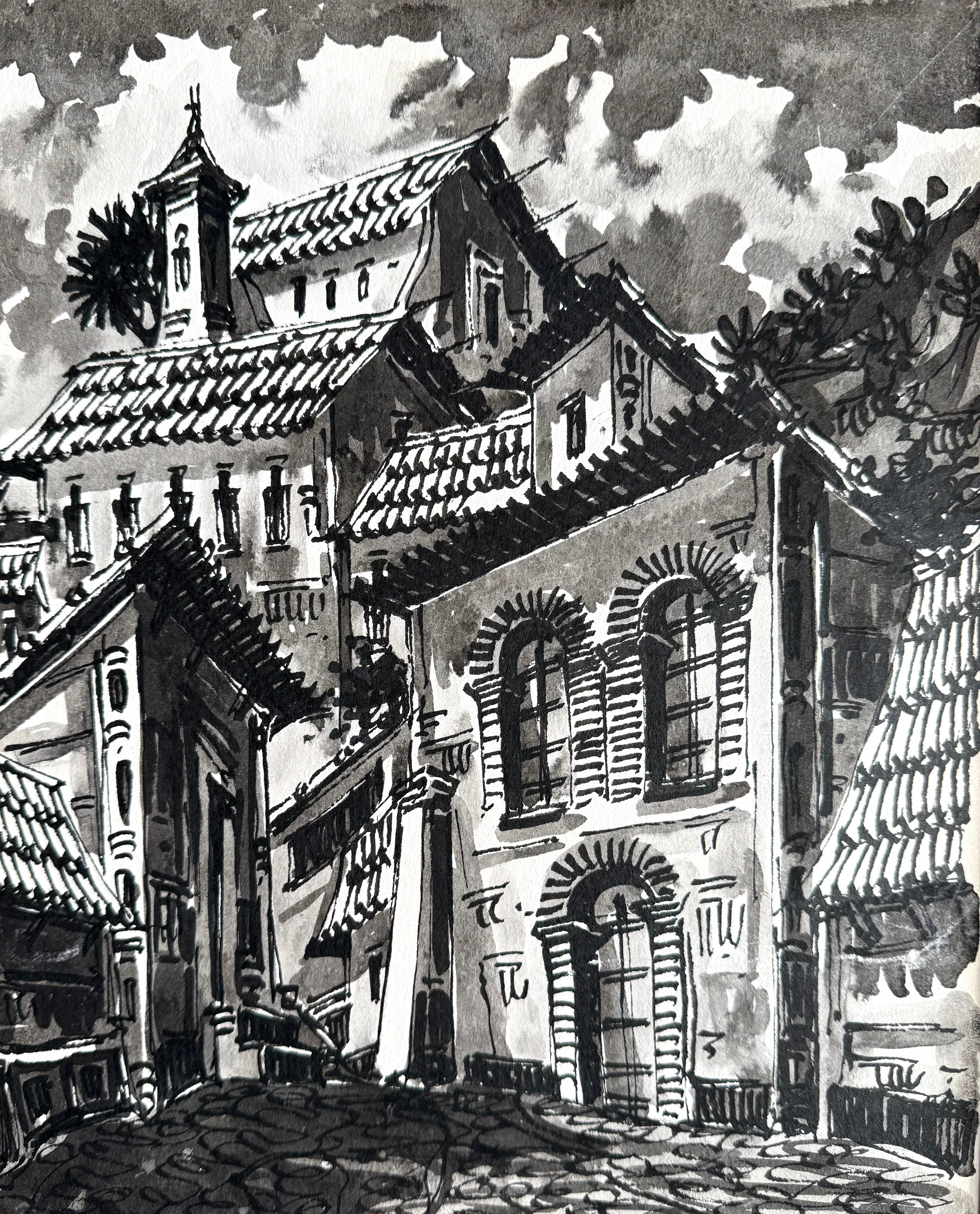Dessin à l'aquarelle et à la gouache en noir et blanc sur papier d'archives représentant la ville coloniale espagnole de Taxco, au Mexique, d'une grande beauté.  Circa 1960.  L'état est excellent.  Signée en bas à droite par l'artiste avec