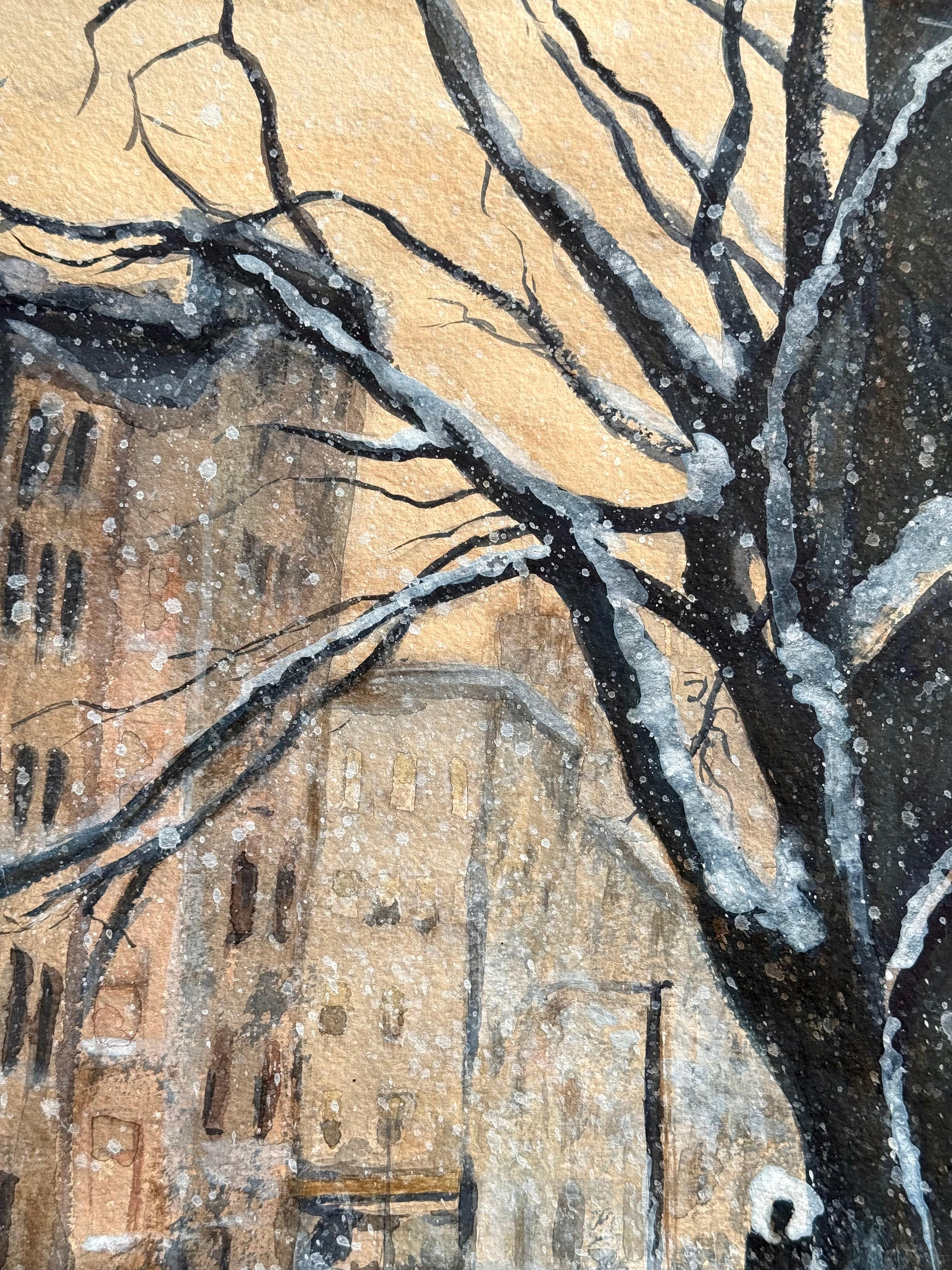 Original watercolor and gouache city snowscape attributed to the hand of Hans Peter Nelson.  Signed lower left ”H. Nelson”. Condition is excellent. Circa 1940.  Under glass.  The artwork is housed in a deep mahogany wood frame with off white mat. 