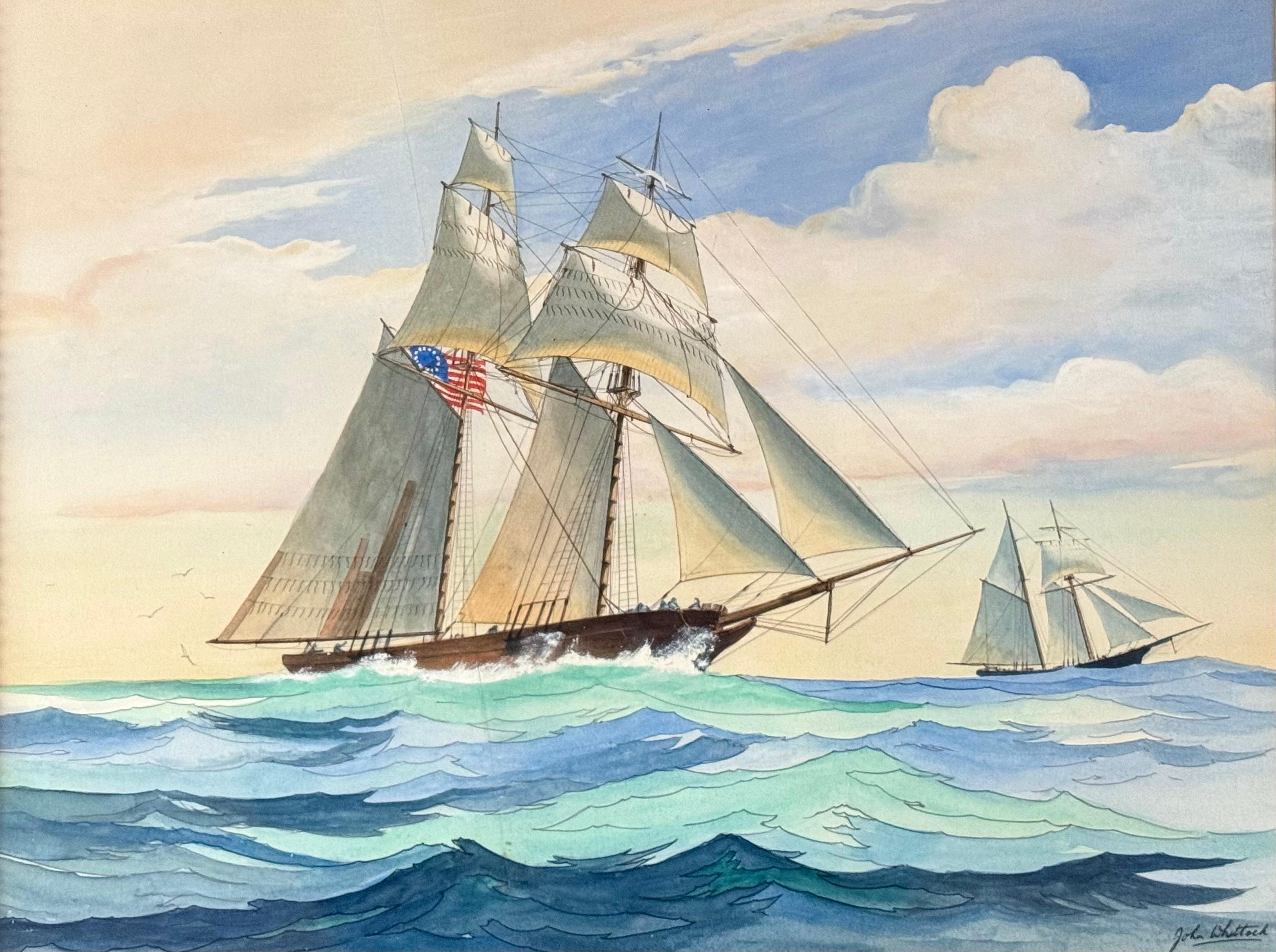 John Whittock Landscape Art – Topsail-Sänger unter vollem Segelschiff