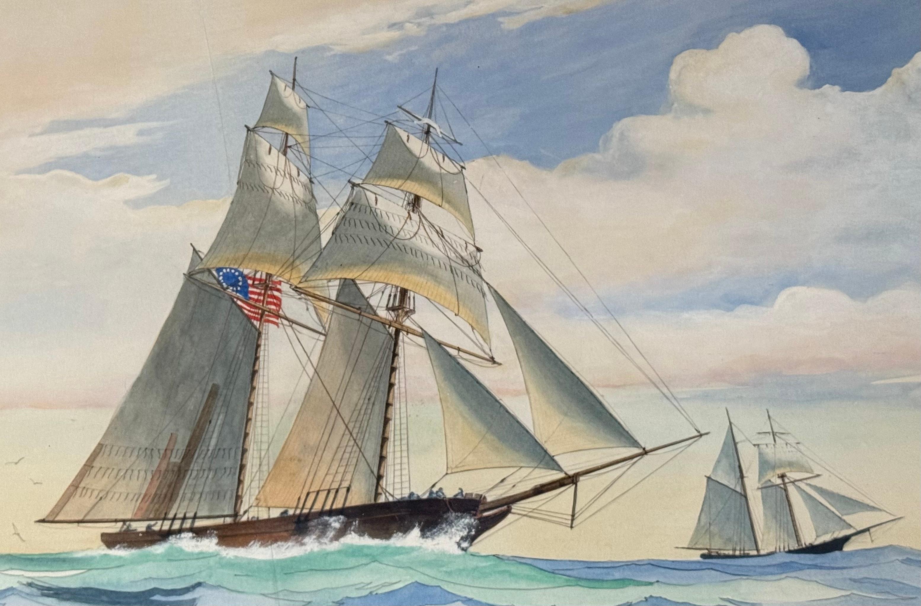 Topsail-Sänger unter vollem Segelschiff (Grau), Landscape Art, von John Whittock