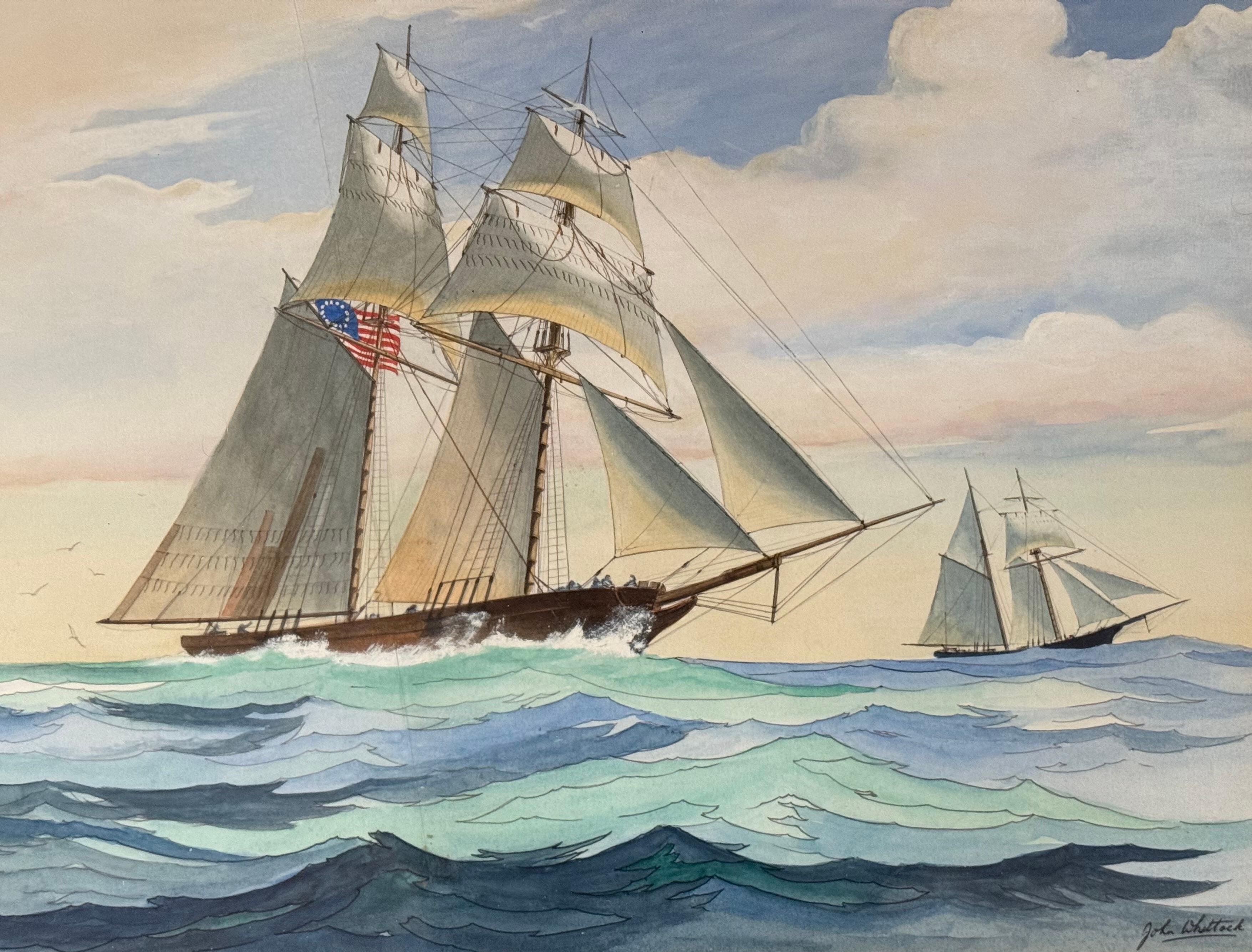 
Original  Aquarell- und Tuschemalerei eines Toppsegel-Schoners unter vollen Segeln.  Der Schoner weht unter der Betsy-Ross-Flagge. Signiert unten rechts.  Der Zustand ist ausgezeichnet.  Circa 1980.  Unter Glas.  Professionell paspeliert und