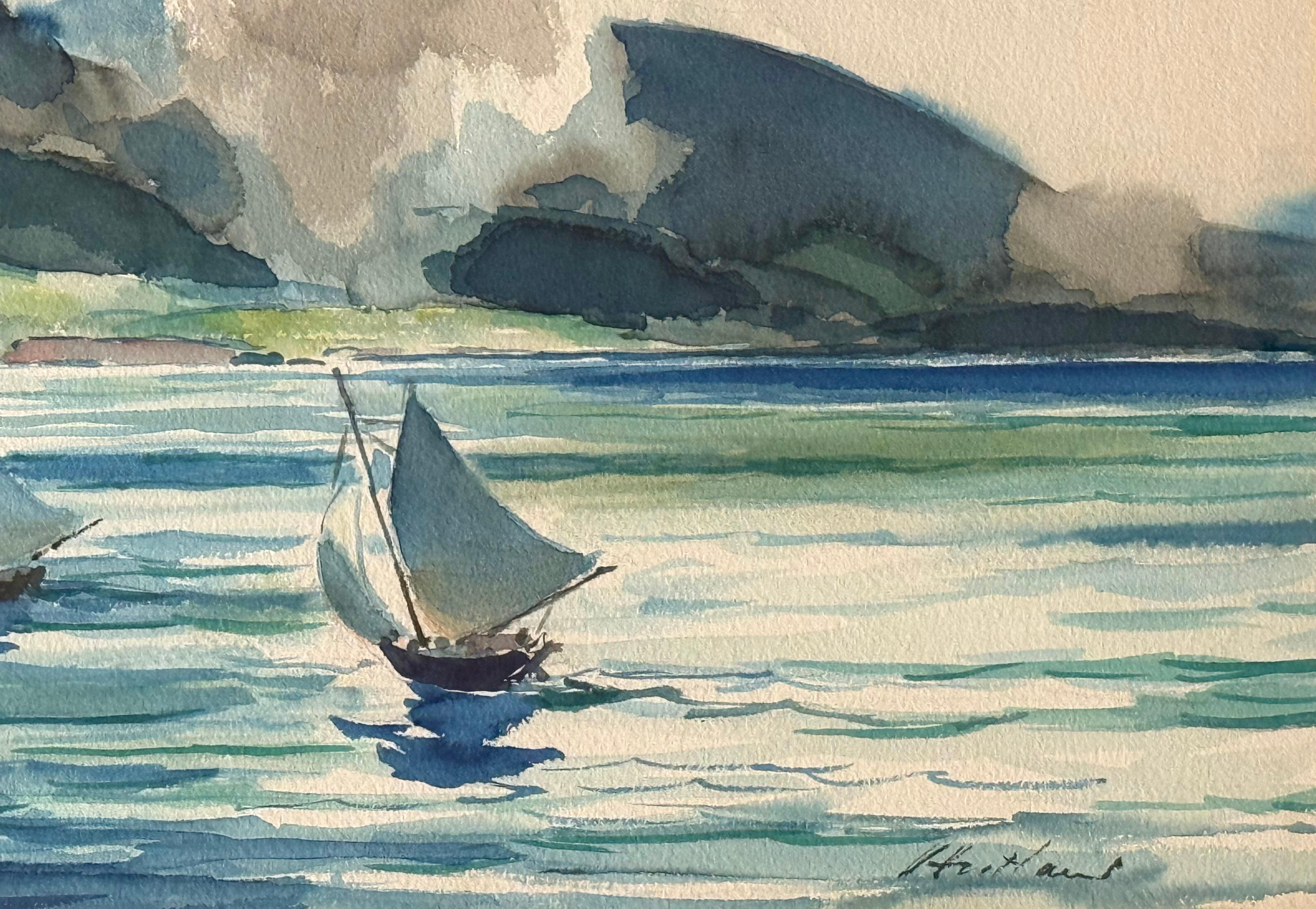Aquarelle originale sur un dessin au graphite du port avec des voiliers à Puerto Plata, République dominicaine par l'artiste américain Wilmot Emerton Heitland. Signé 