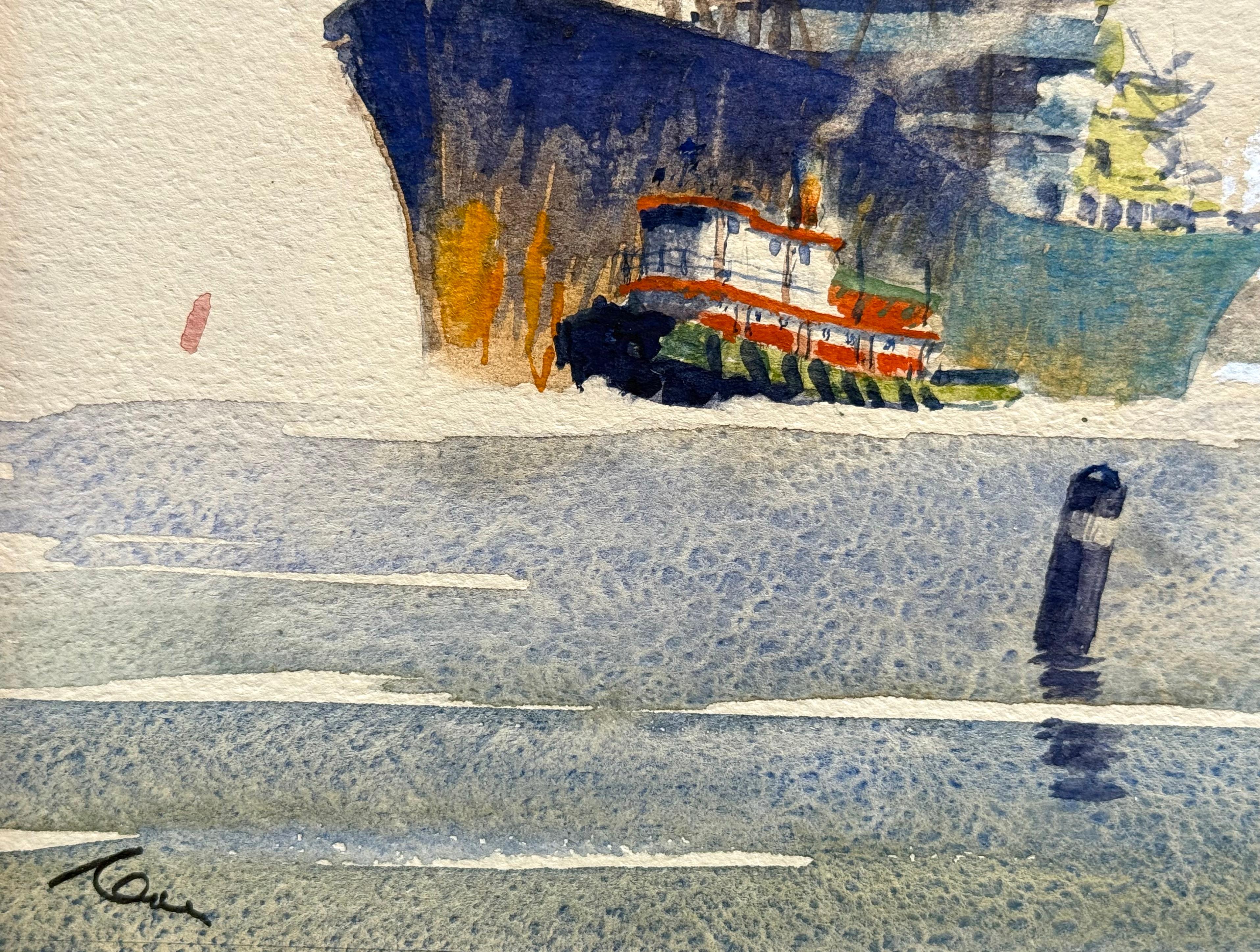 Original Aquarell und Gouache Kunstwerk eines Schleppers, der einen großen Frachter durch den Puget Sound in Seattle, Washington, führt, von dem amerikanischen Künstler Robert Dexter Coe. Signiert 