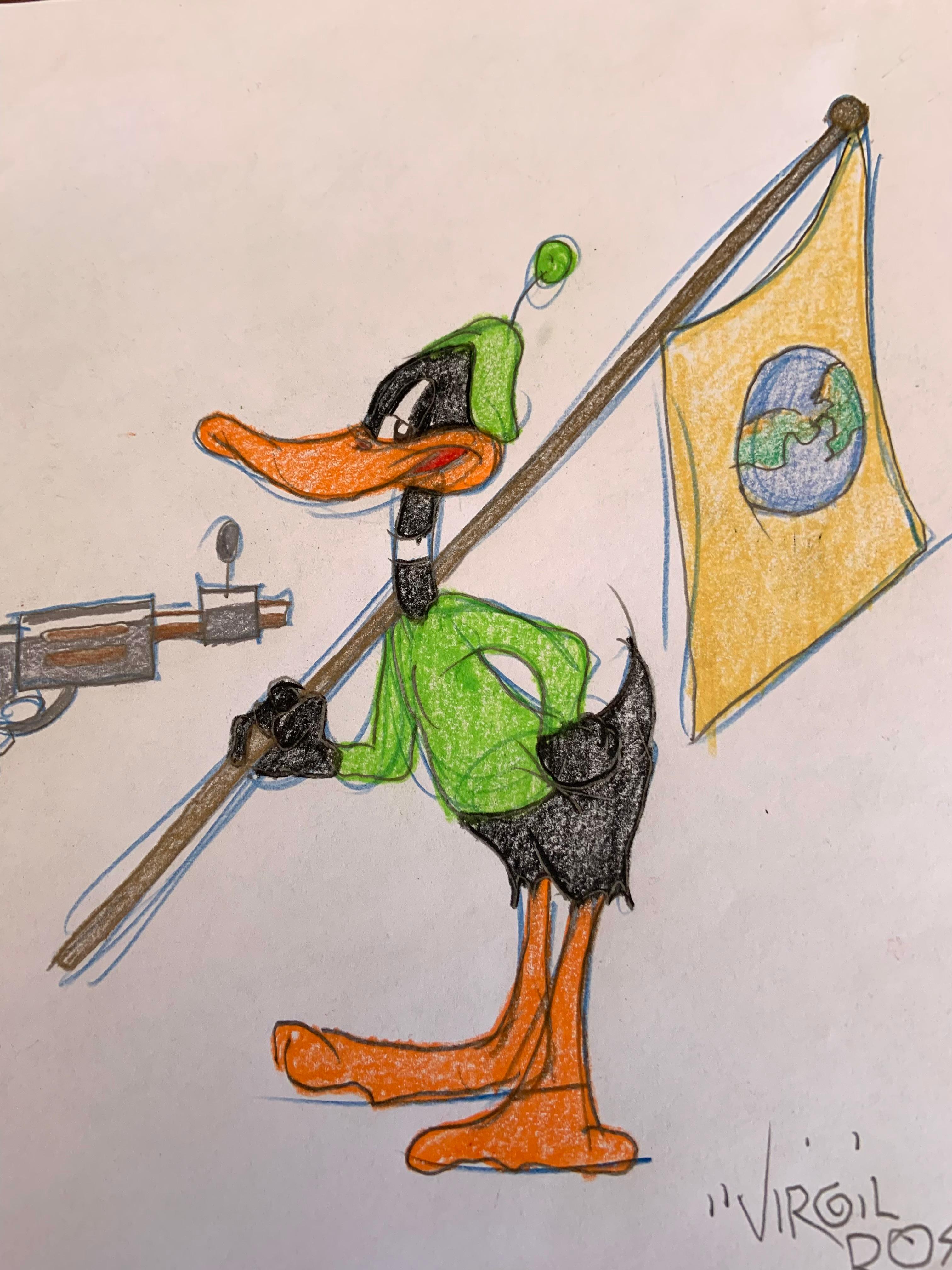 
La imagen es un dibujo original de Virgil Ross en el que aparece Marvin el Marciano apuntando con una pistola al Pato Lucas en Duck Dodgers. Se basa en el dibujo animado de 1953 