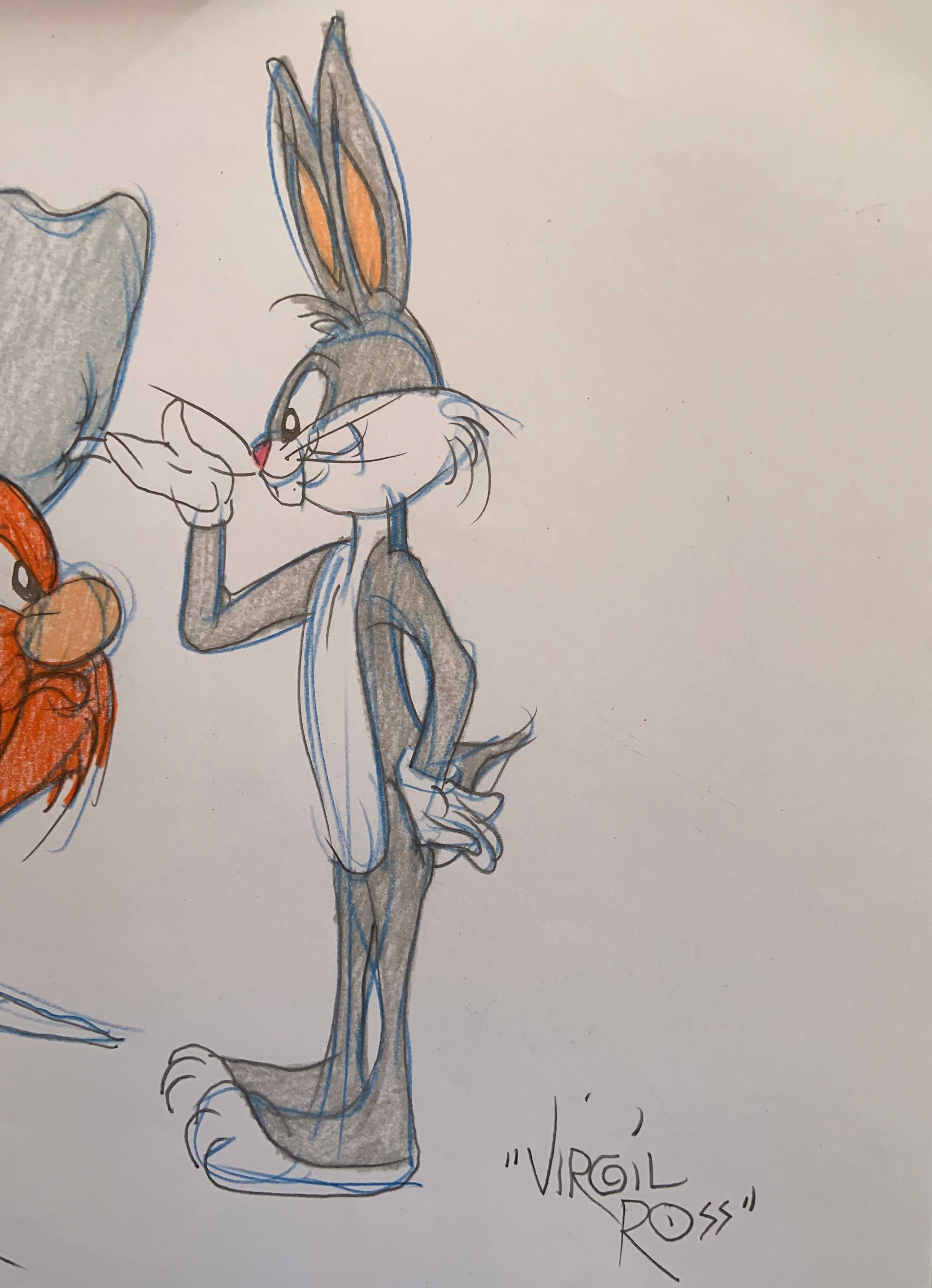 Das Bild ist eine Original-Zeichnung von Bugs Bunny und Yosemite Sam von Virgil Ross, einem legendären Zeichner aus den 
