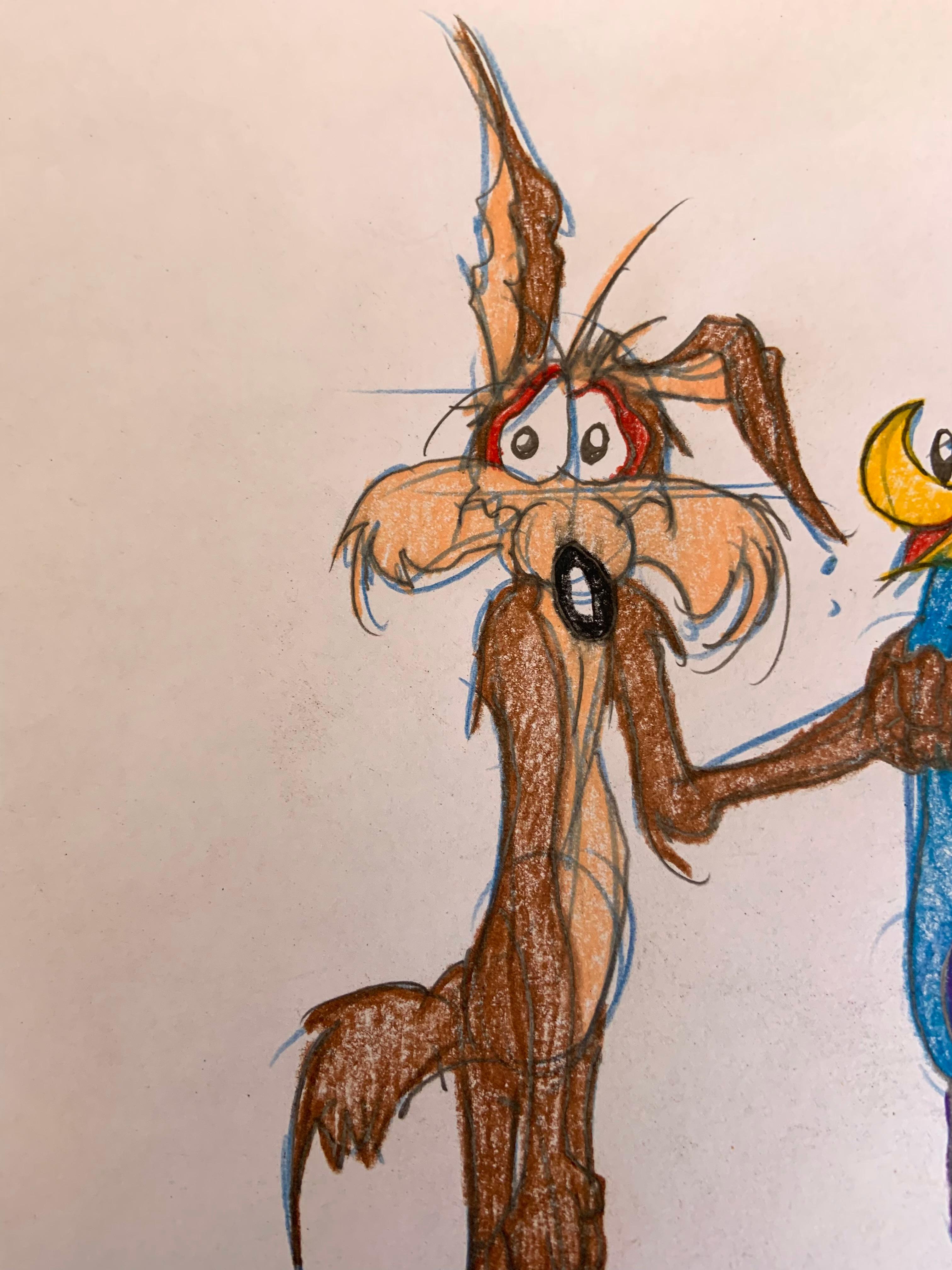 
The image is an original drawing of Wile E. Coyote and the Road Runner by Virgil Ross. Graphite, colored pencil on animation paper. Untrimmed. Circa 1990. Condition is excellent.  Presently unframed. Signed in pencil by the artist Virgil Ross lower
