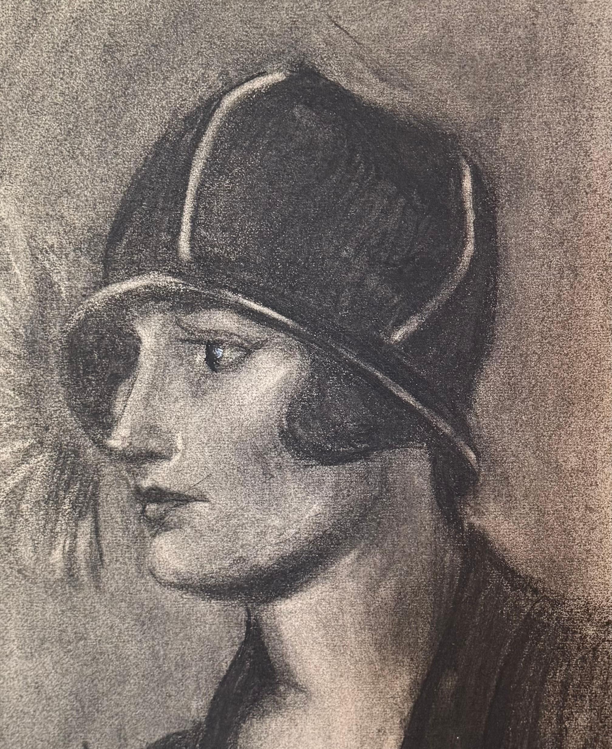 Bold and well executed charcoal on archival paper attributed to the American artist, Richard Emil Miller.  Signed lower left “Miller”. Consistent with other known signatures of the artist. Dated “1925”lower right. Art Deco.  Female wearing period