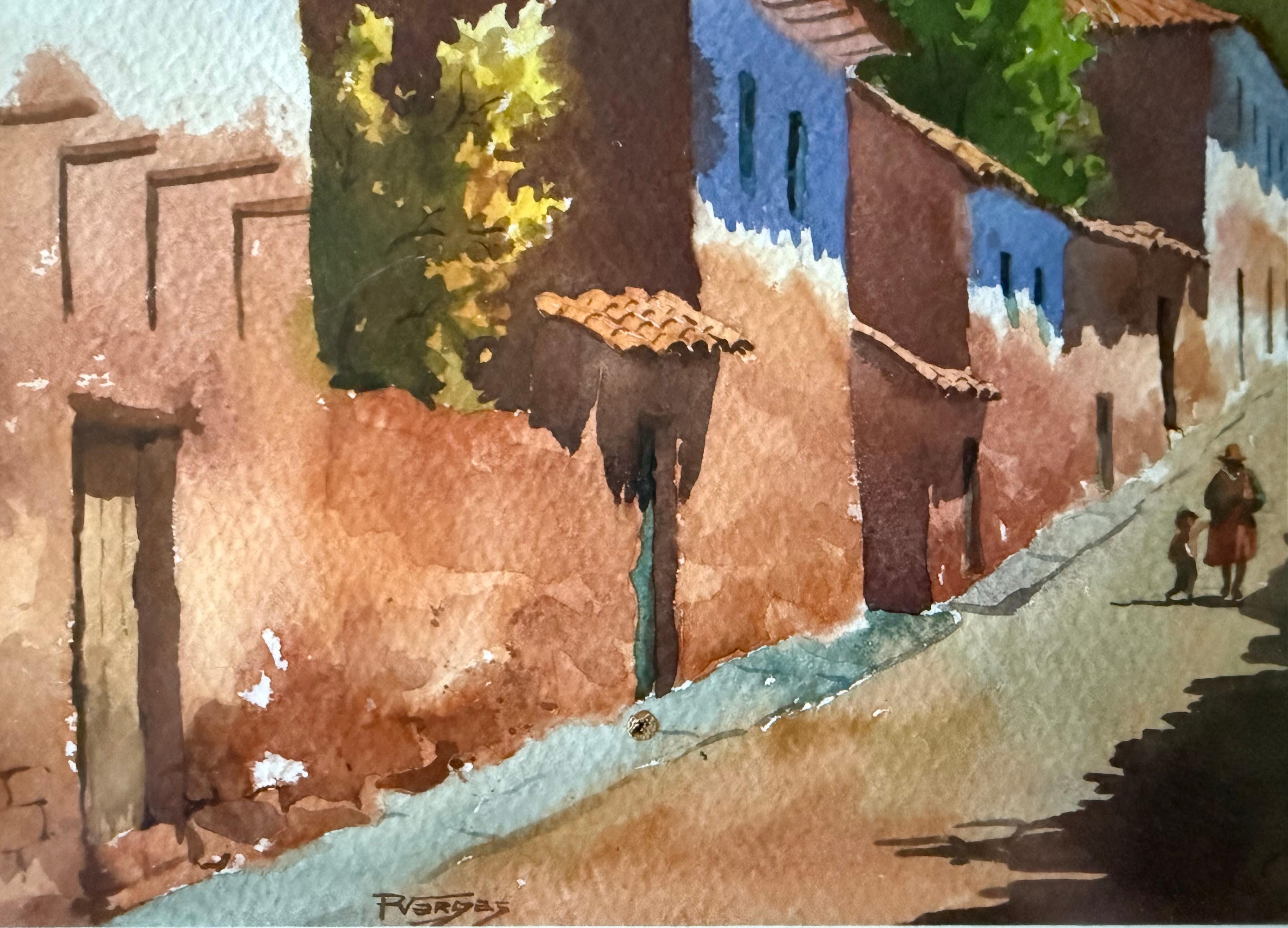 “A Peruvian Village” - Brown Landscape Art by Roberto Vargas