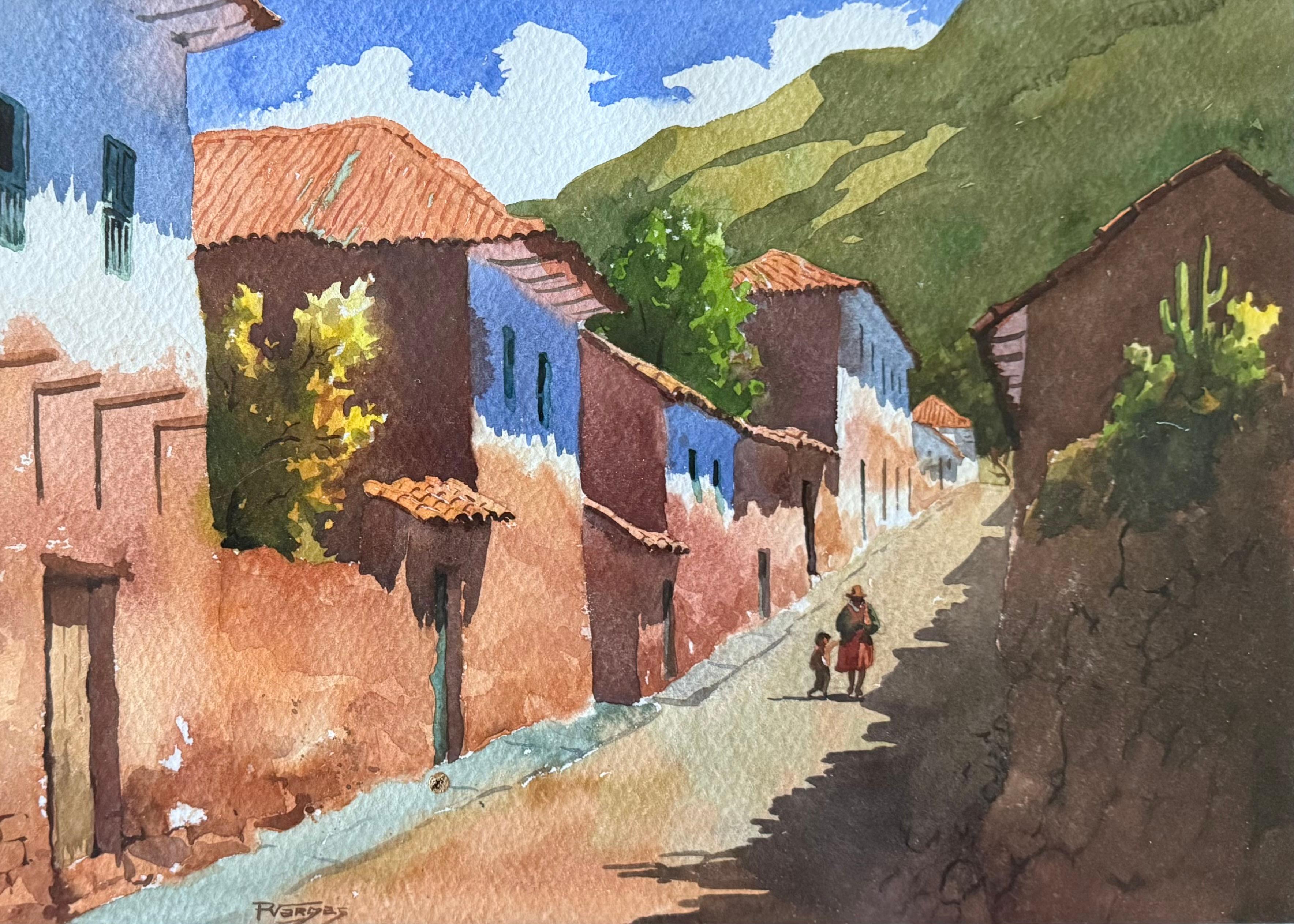 Original, vibrant watercolor on archival paper of a quaint Peruvian village nestled in the foothills of a large mountain. Two figures, a woman and young child are seen walking down the hilly street towards the viewer. Signed lower left “R. Vargas”.