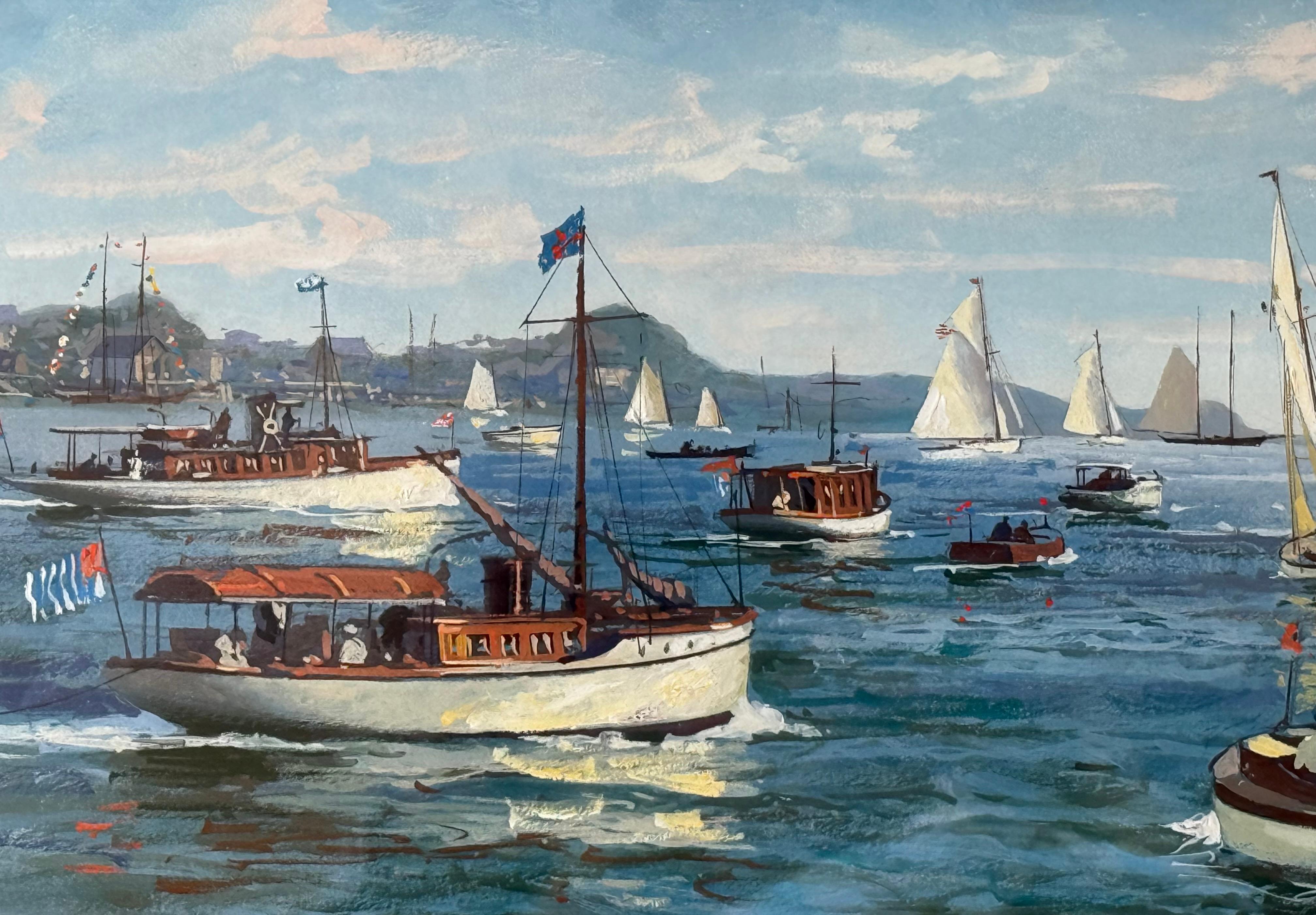 
Gouache originale sur papier d'archives du 90e anniversaire de l'United States Power Squadron fondé en 1914 par le célèbre artiste marin Donald Demers. Signé par l'artiste en bas à gauche.  Exécuté vers 2004. L'état est excellent. Une grande