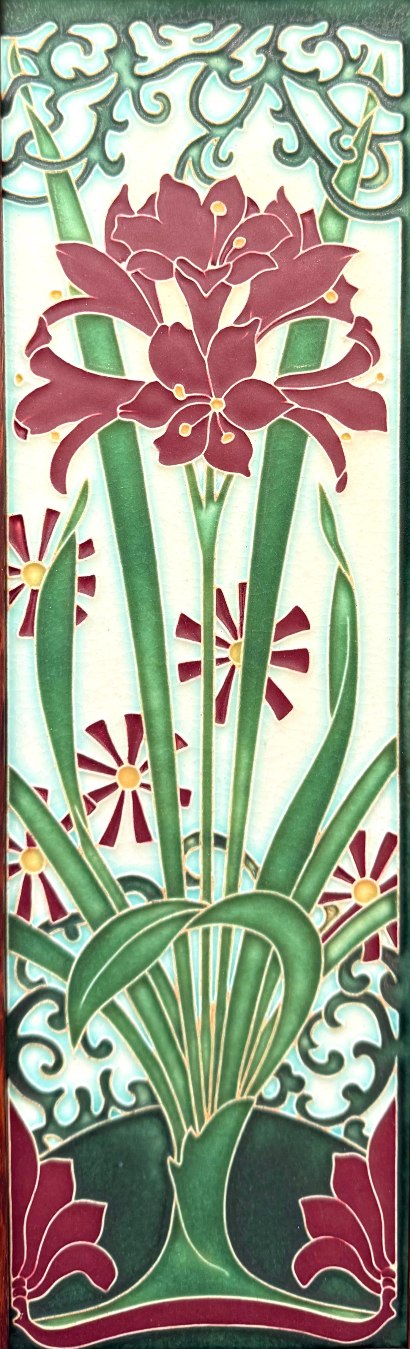 This design is a contemporary tile adapted from a finely detailed four-piece panel attributed to Leon Victor Solon in the art nouveau style while he was working at Mintons. The original is featured in a book by antique tile experts Sandie Fowler and